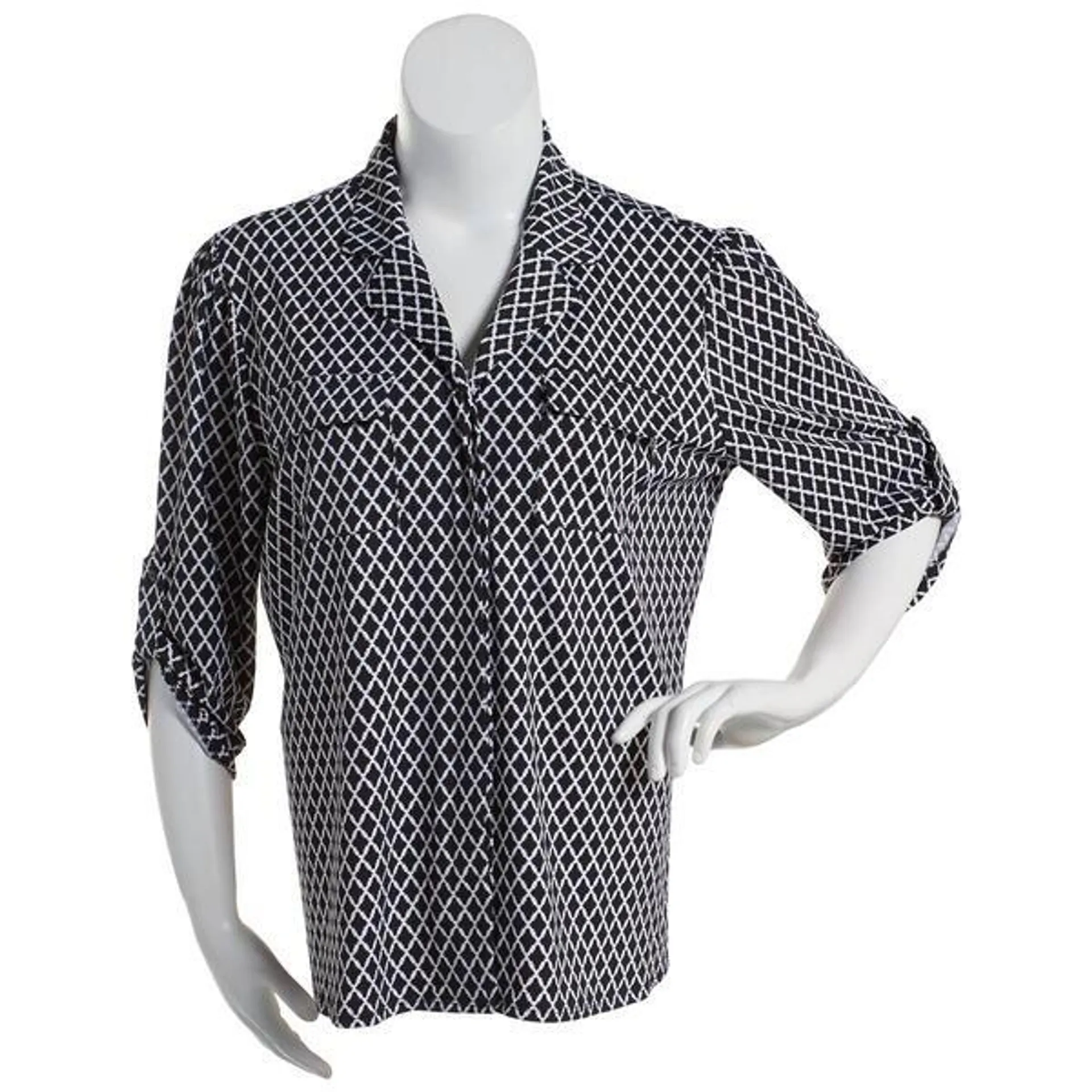 Plus Size Notations 3/4 Tab Sleeve Diamond Casual Button Down