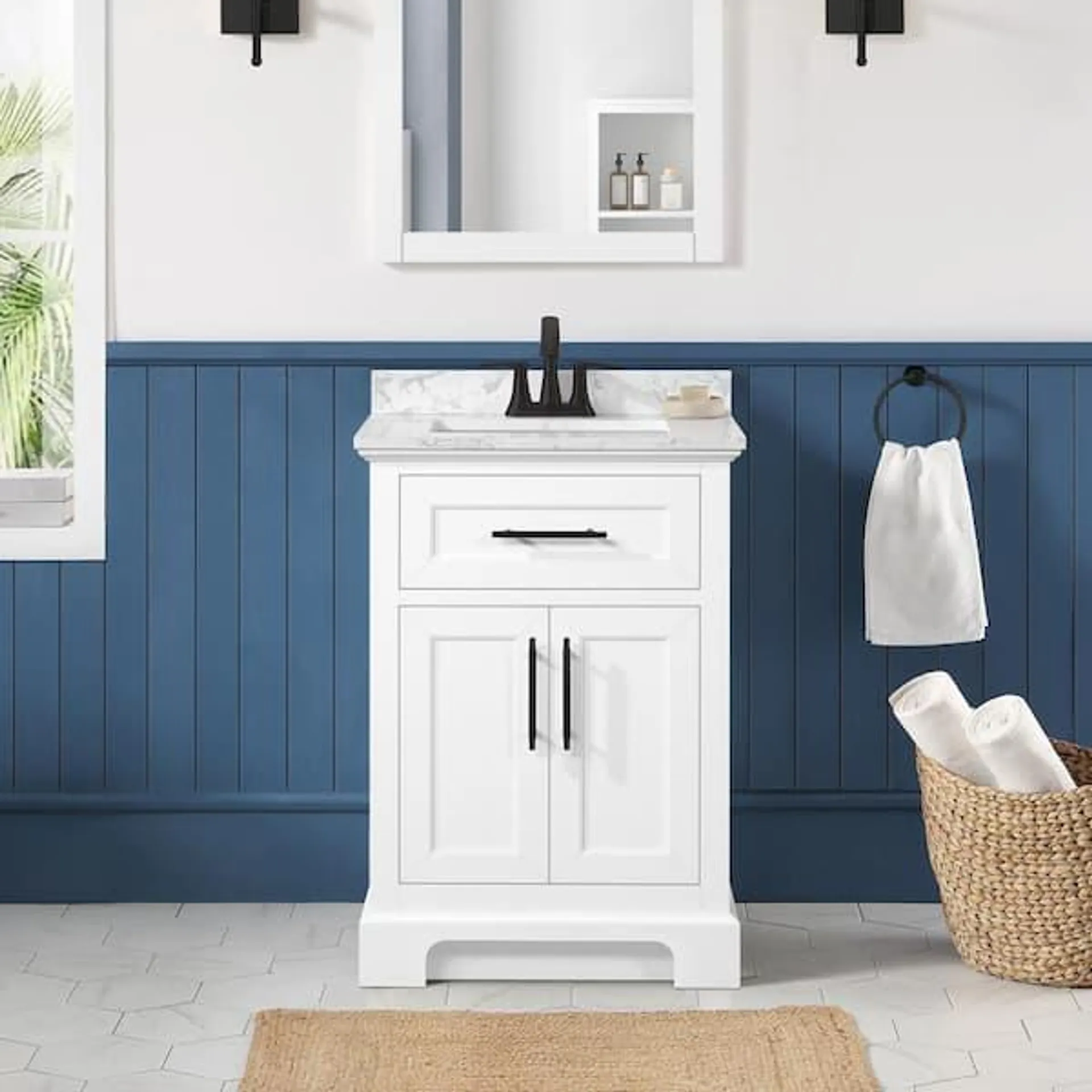 Doveton 24 in. Single Sink Freestanding White Bath Vanity with White Engineered Marble Top (Assembled)