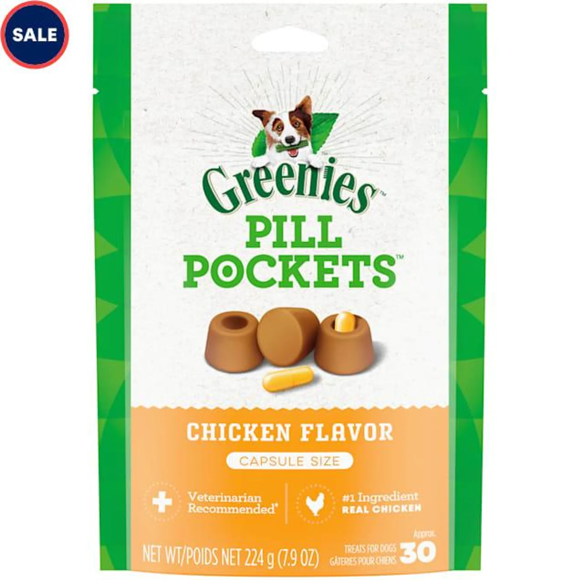 Greenies Pill Pockets Chicken Flavor Capsule Size Natural Soft Dog Treats, 7.9 oz., Count of 30