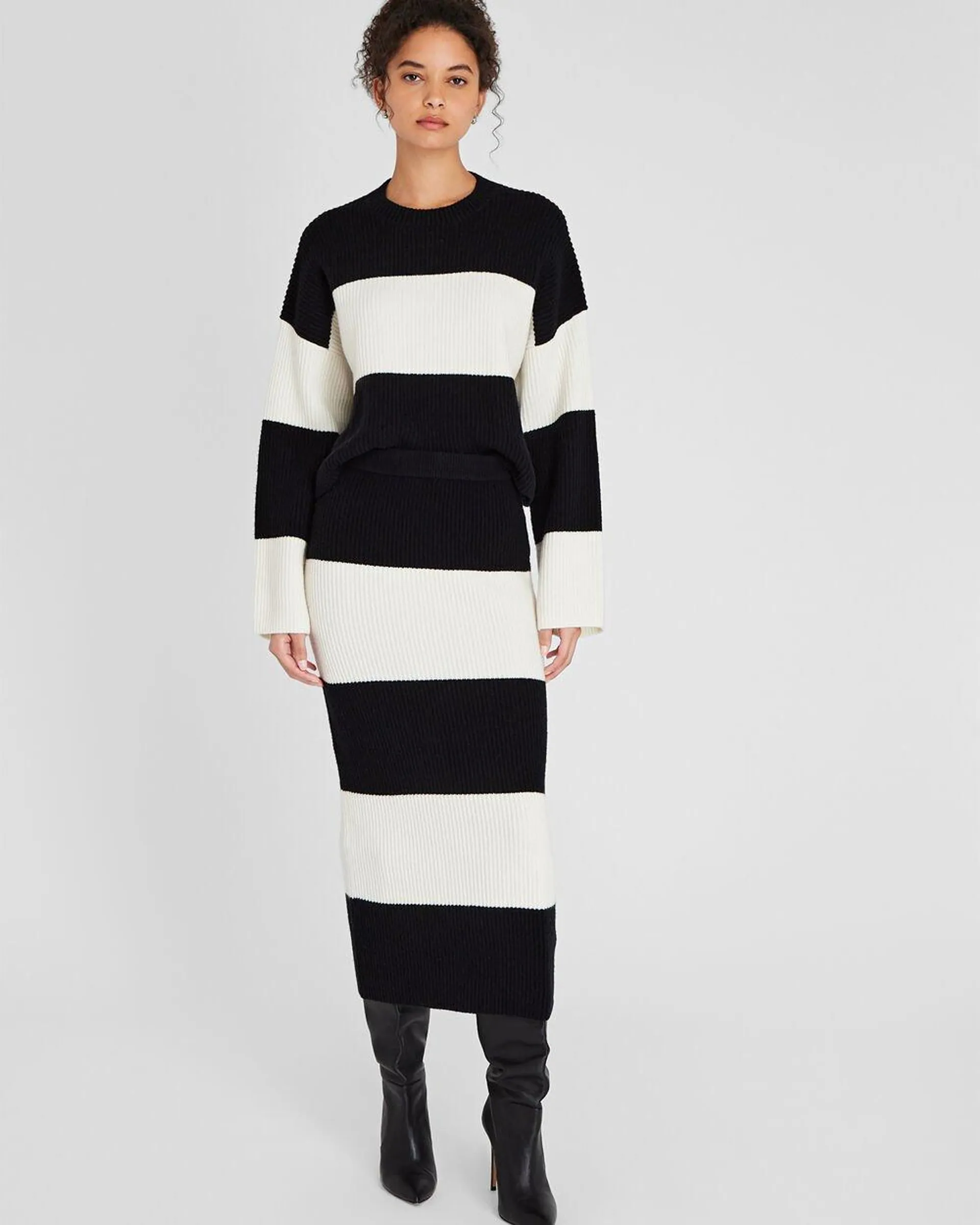 Striped Wool Blend Ribbed Midi Skirt