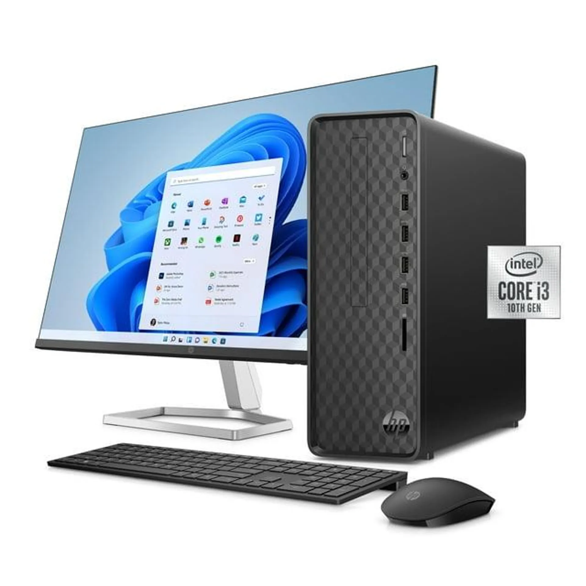 HP Slim 27" Desktop Bundle, Intel Core i3-10105, 8GB RAM, 256GB SSD, Dark Black, Windows 11 Home, S01-pF2003wb, M27fe