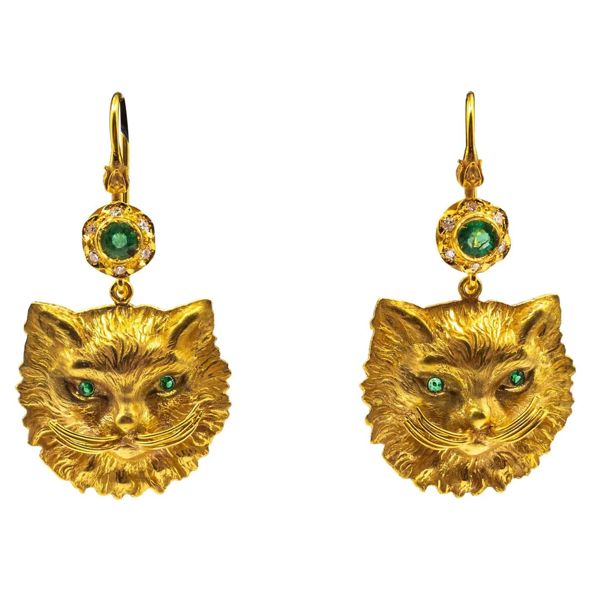 Art Nouveau Style Handcrafted White Diamond Emerald Yellow Gold "Cat" Earrings