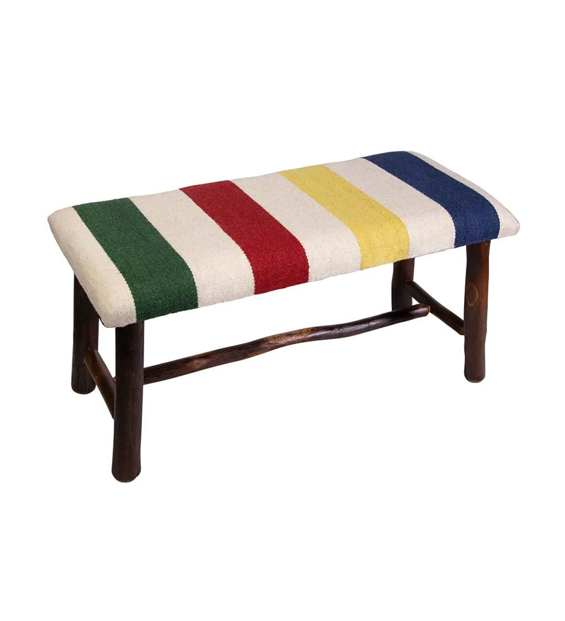 Medium Colorblock Hand-Hooked Wool and Hickory Bench