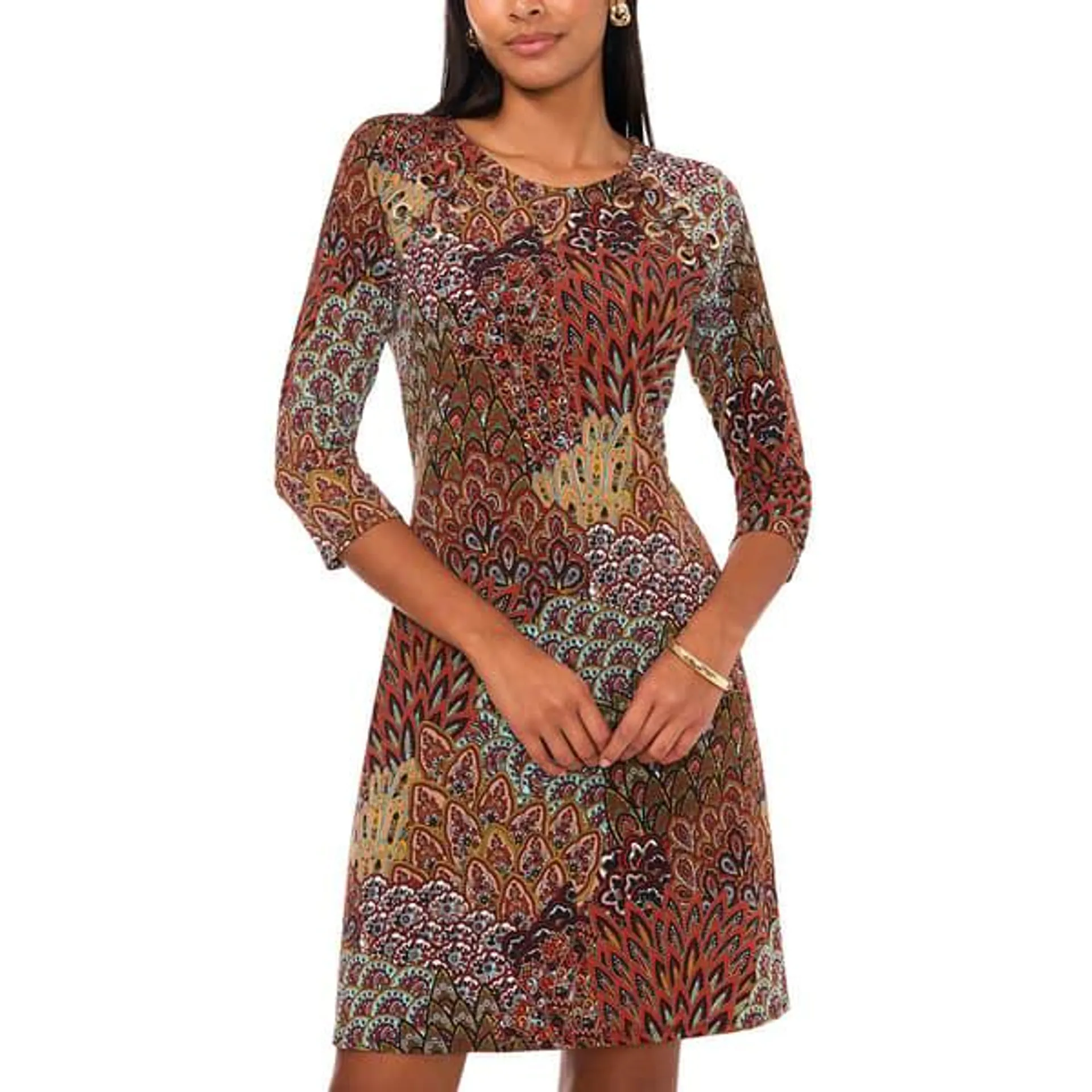 Petite MSK 3/4 Sleeve Suzani Laced Grommet A-Line Dress