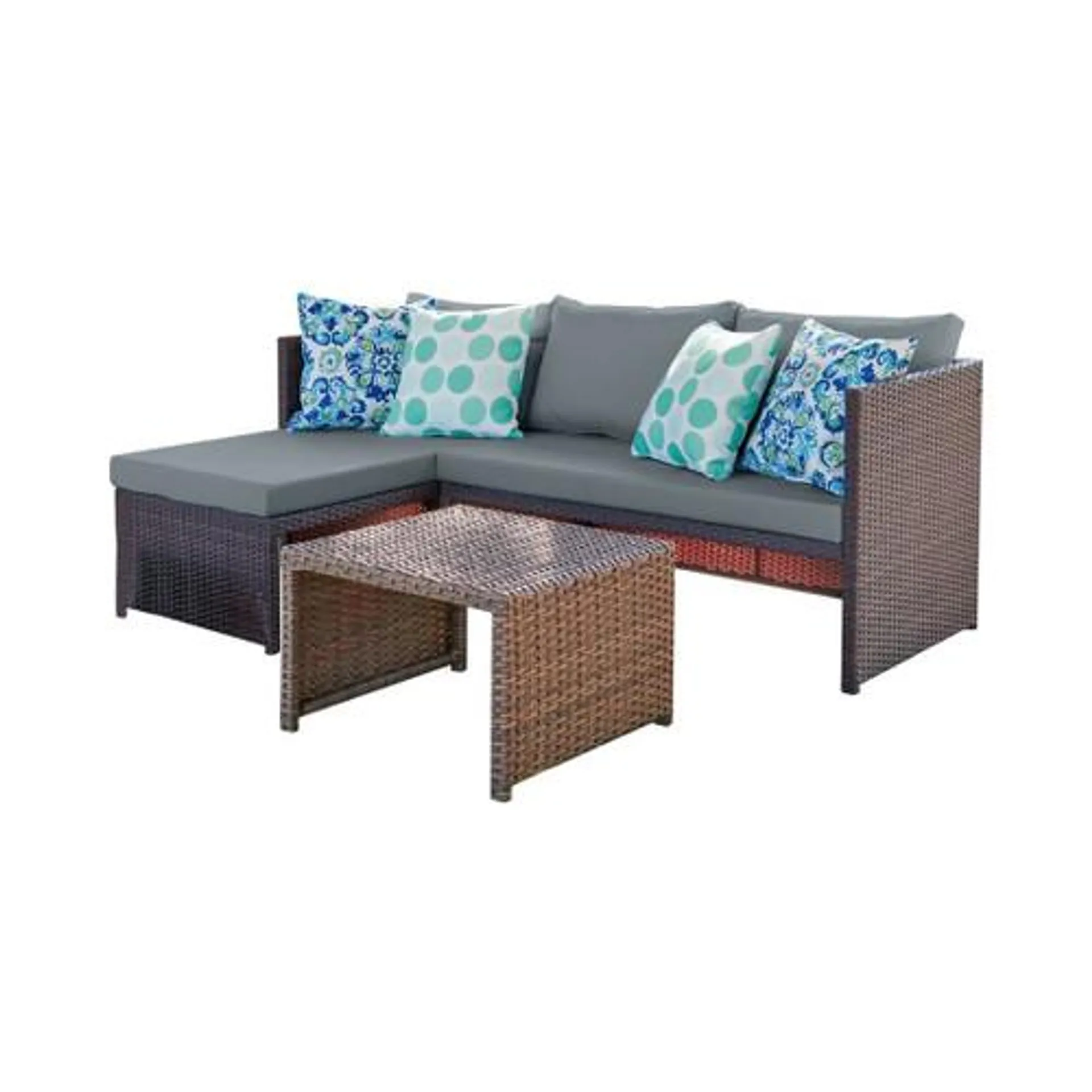 Menton Patio 2-Seater and Lounge Chair with Coffee Table with Gray Cushions