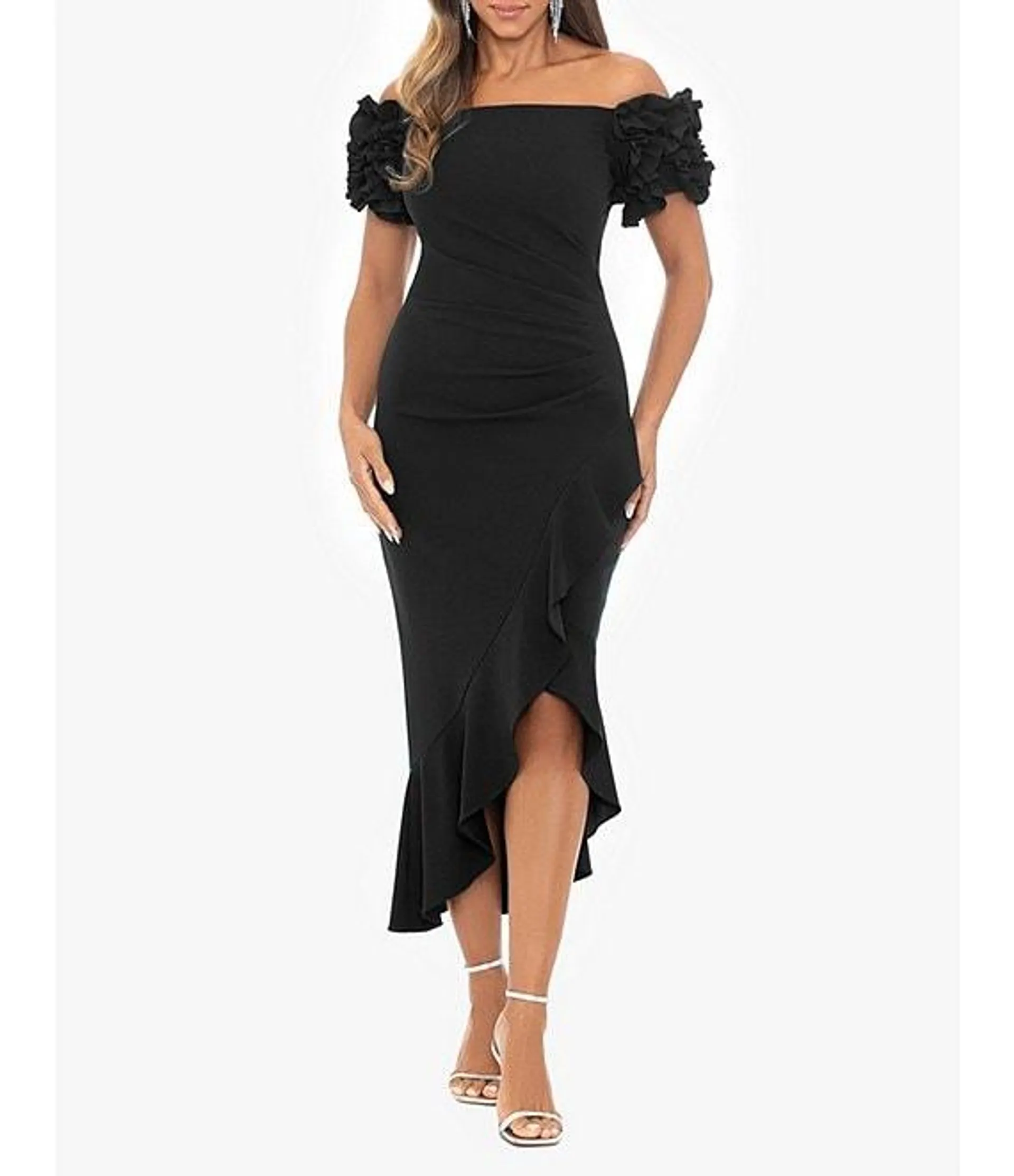 3D Ruffle Off-the-Shoulder Ruffle Front Ruched Detail Midi Dress