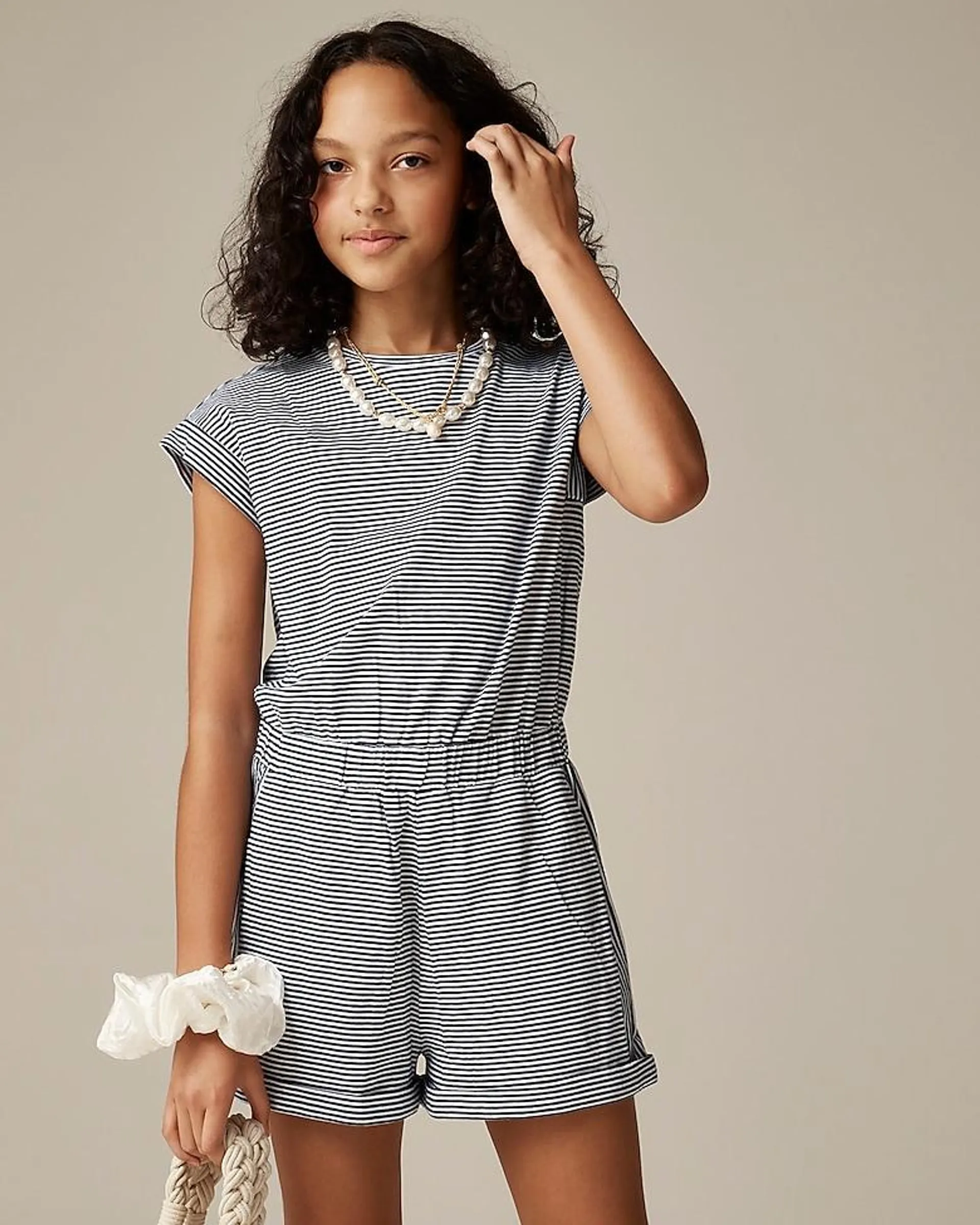 Girls' button-shoulder romper in vintage jersey