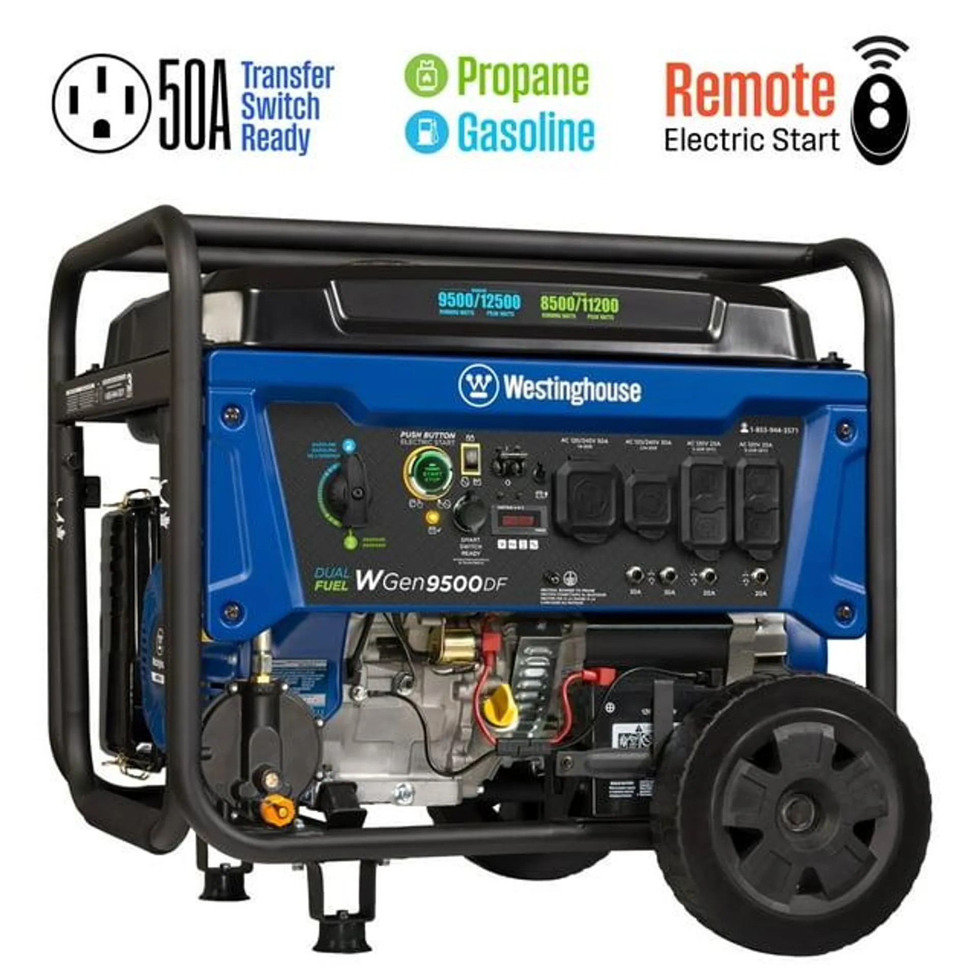 Westinghouse 12,500 Peak Watt Dual Fuel Portable Generator, Electric Start, Transfer Switch Ready