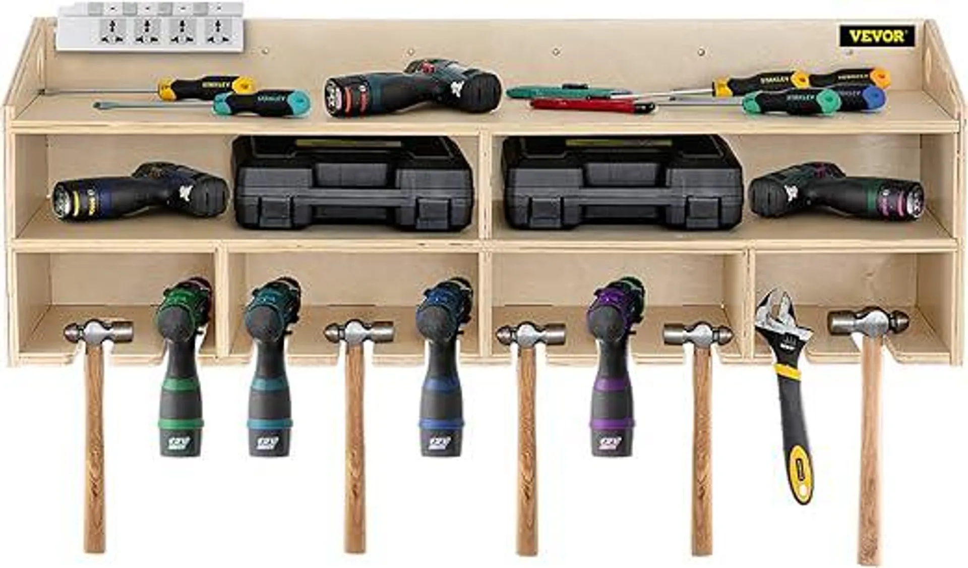 VEVOR Power Tool Organizer, Wall Mount Drill Holder, 10 Drill Hanging Slots Drill Charging Station, 2 Shelf Cordless Drill Storage, Polished Plywood Toolbox for Saw, Impact Wrench, Screwdriver Drill