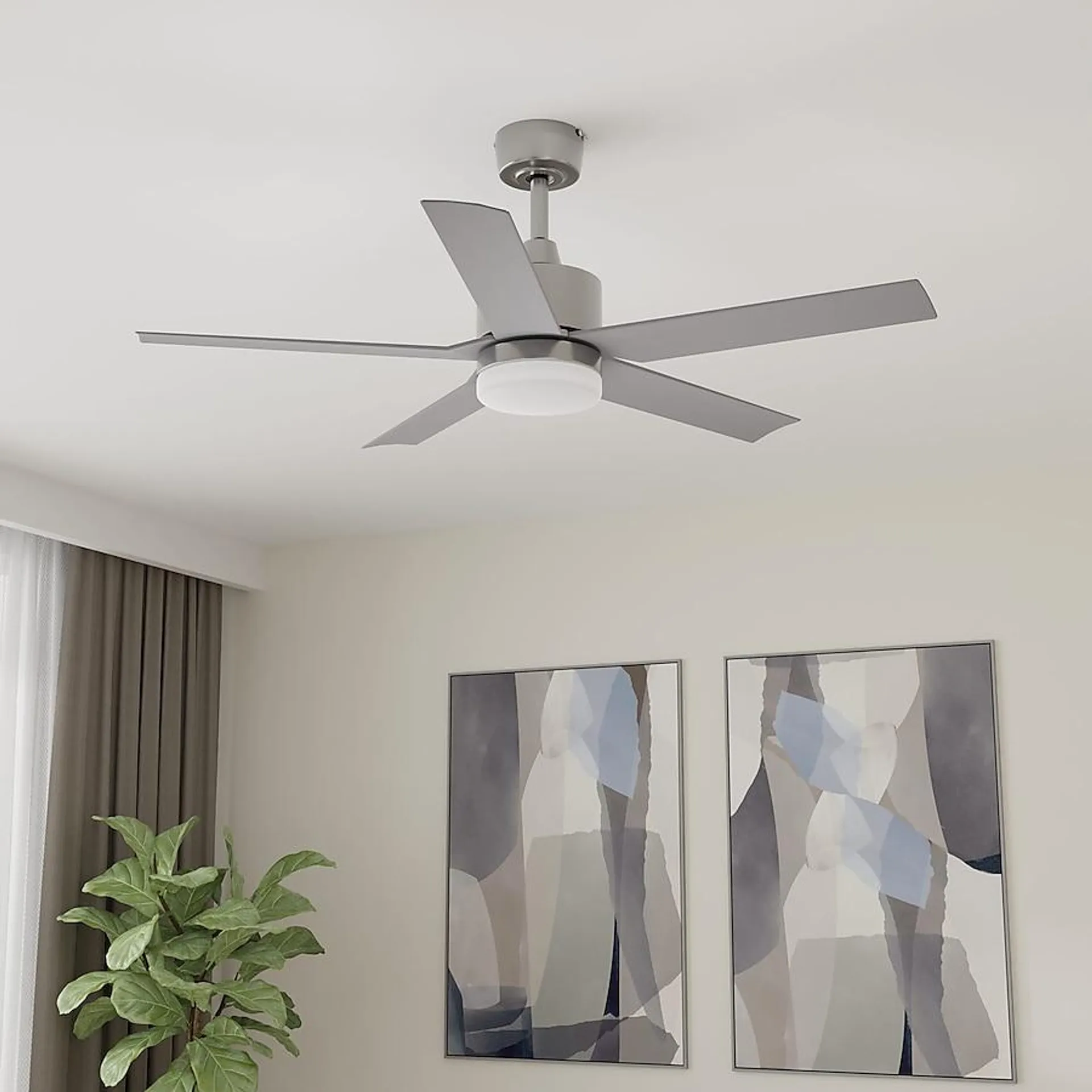 Harbor Breeze Reidsport 44-in Color-Changing Integrated LED Outdoor Downrod or Flush Mount Brushed Nickel with Silver Blades Ceiling Fan With Light - Remote Included ( 5 -Blade )