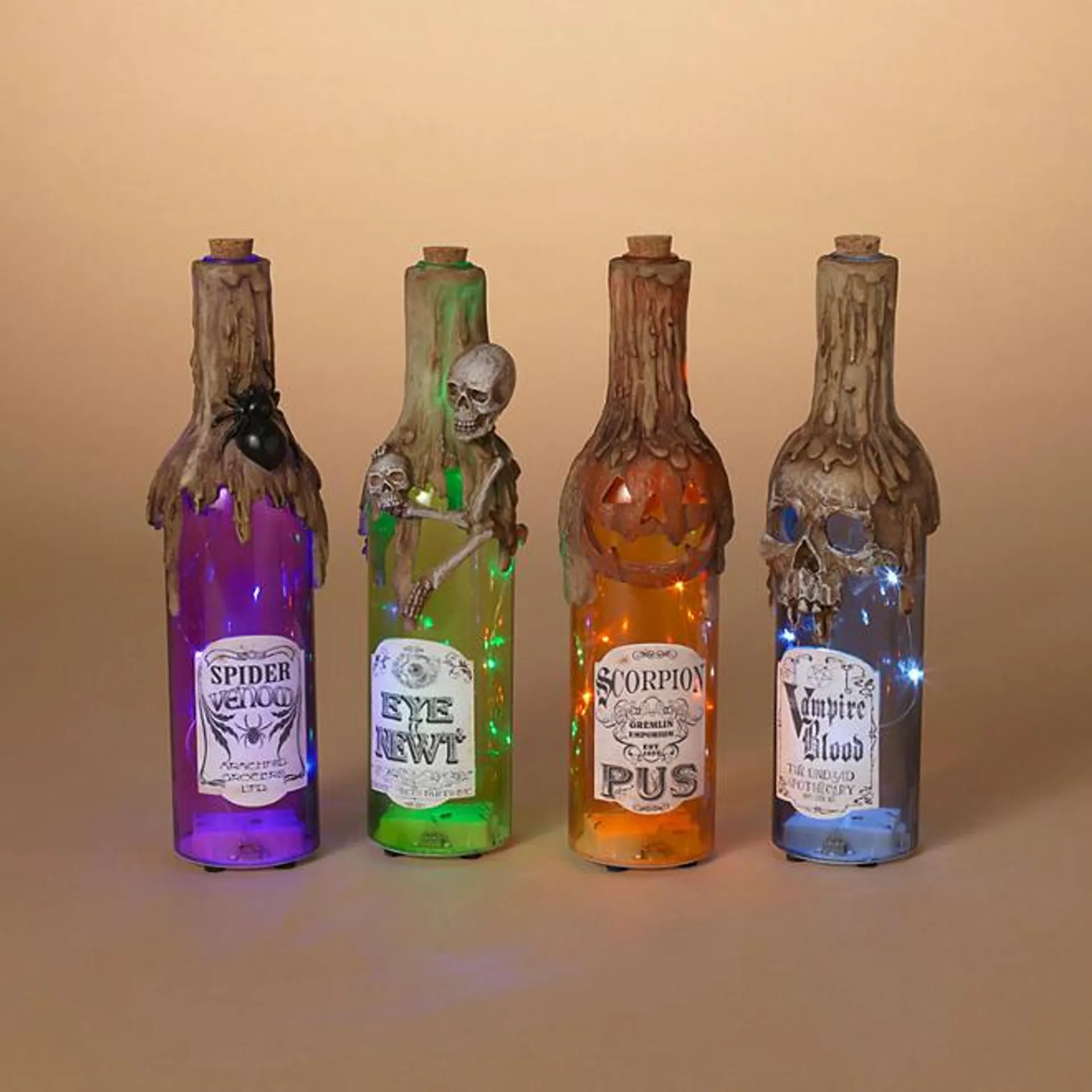 Set of 4 Pre-Lit Glass Halloween Bottles