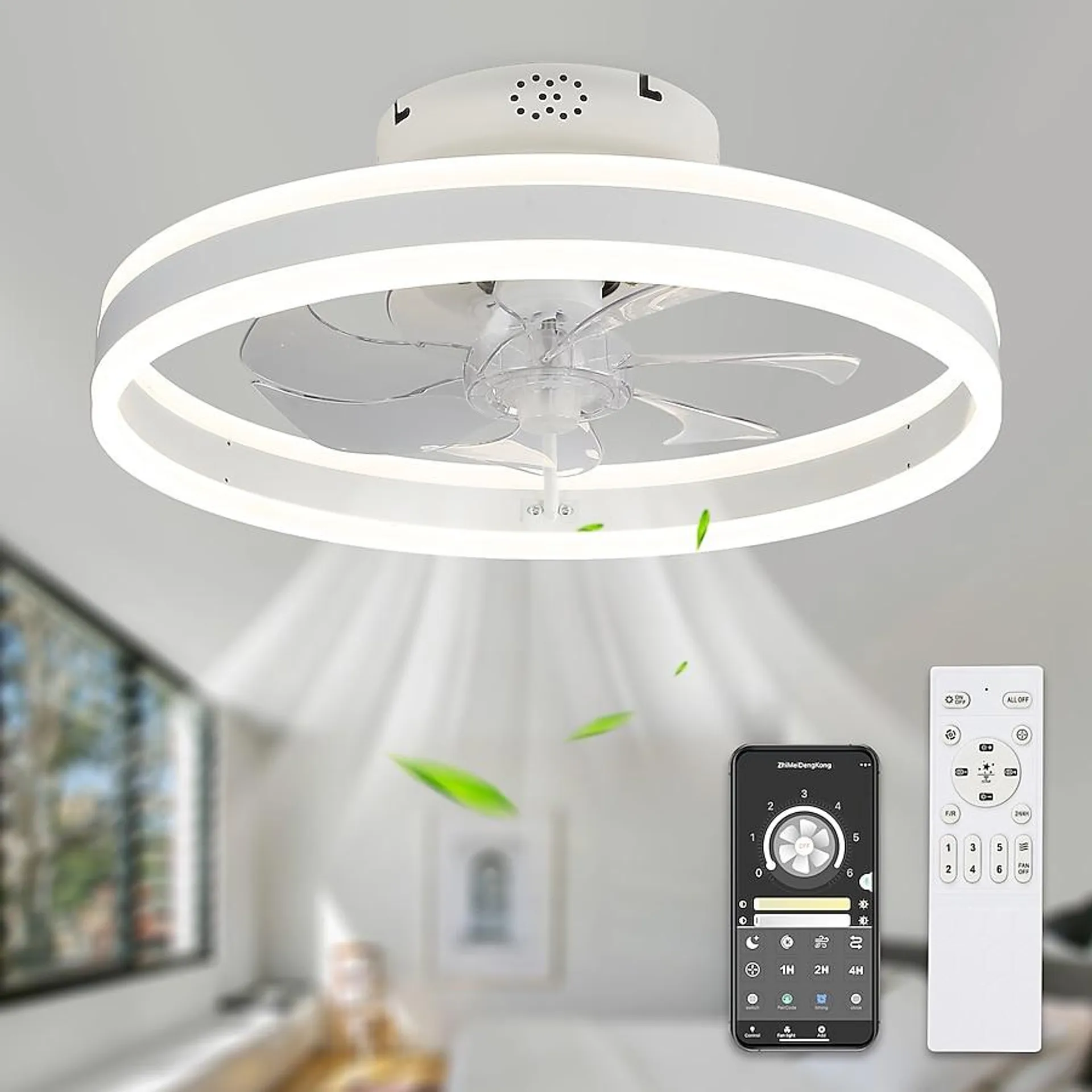 Bella Depot Low Profile 20-in White with Clear Blades Color-changing Integrated LED Indoor Flush Mount Smart Fandelier Ceiling Fan with Light and Remote (7-Blade)