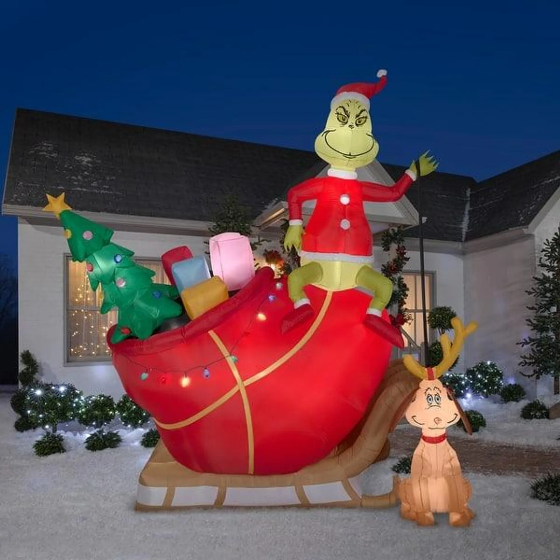 Gemmy Christmas Airblown Inflatable Grinch and Max in Sleigh Colossal Scene Dr. Seuss , 12 ft Tall