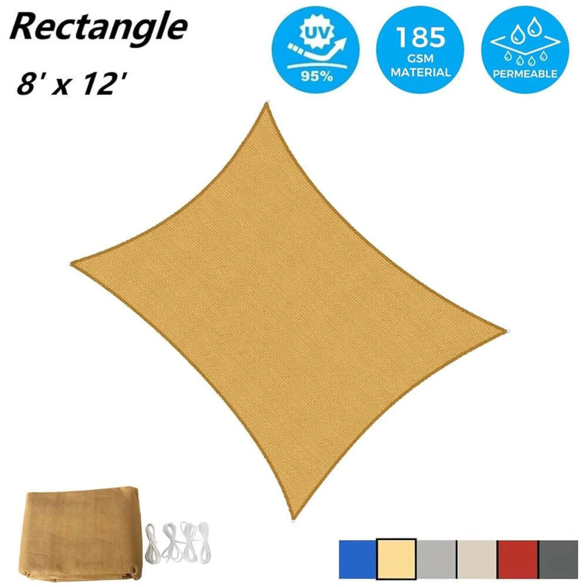 AsterOutdoor Rectangular Sun Shade Sail, 8’ x 12’, Sand