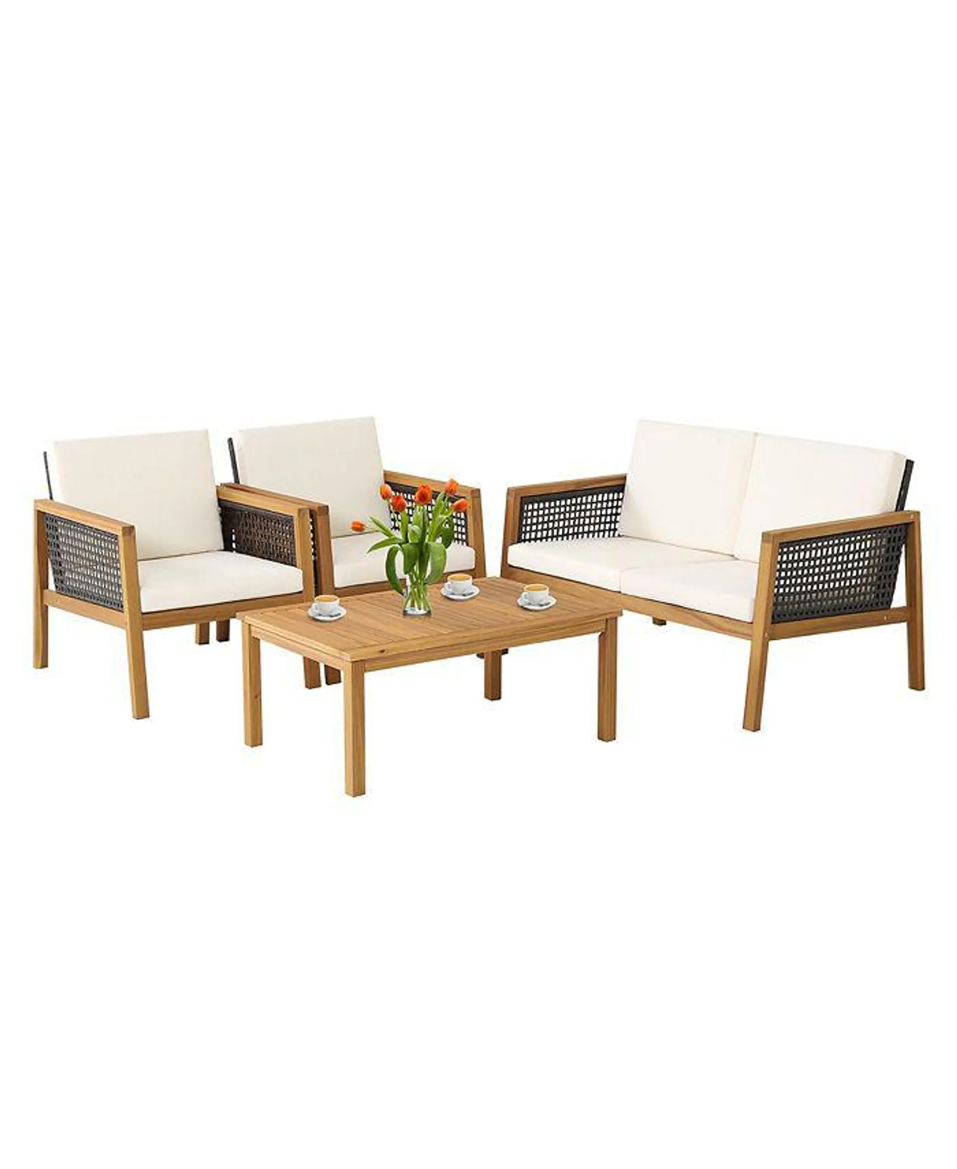 4PCS Patio Rattan Furniture Set Acacia Wood Cushioned Sofa