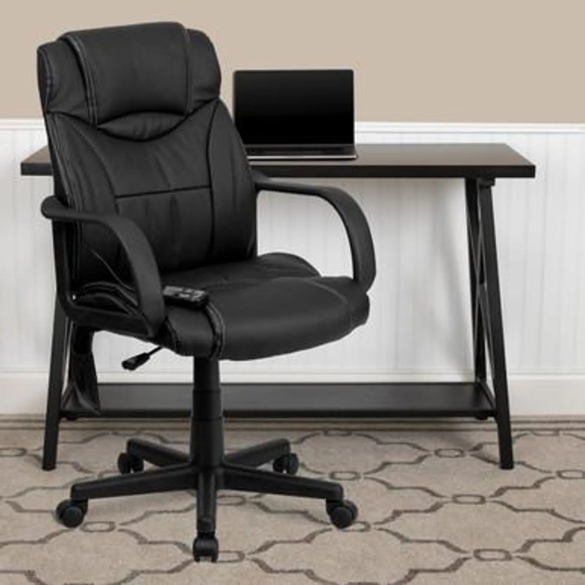 Mid-Back Ergonomic Massaging Black LeatherSoft Executive Swivel Office Chair with Arms - BT2690PGG