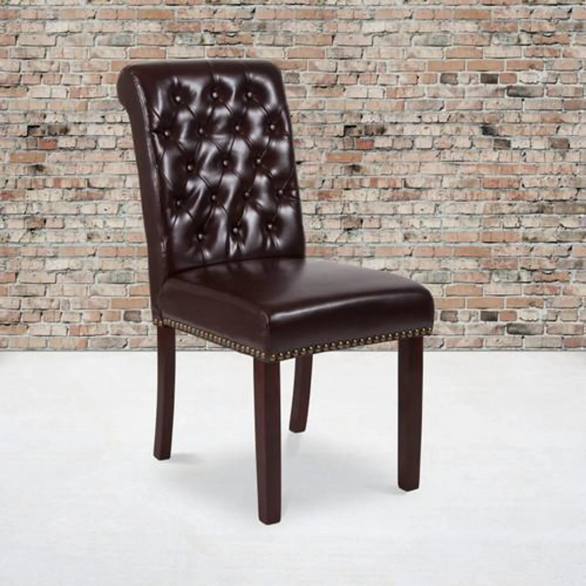 2 Pk. HERCULES Series Brown LeatherSoft Parsons Chair with Rolled Back, Accent Nail Trim and Walnut Finish