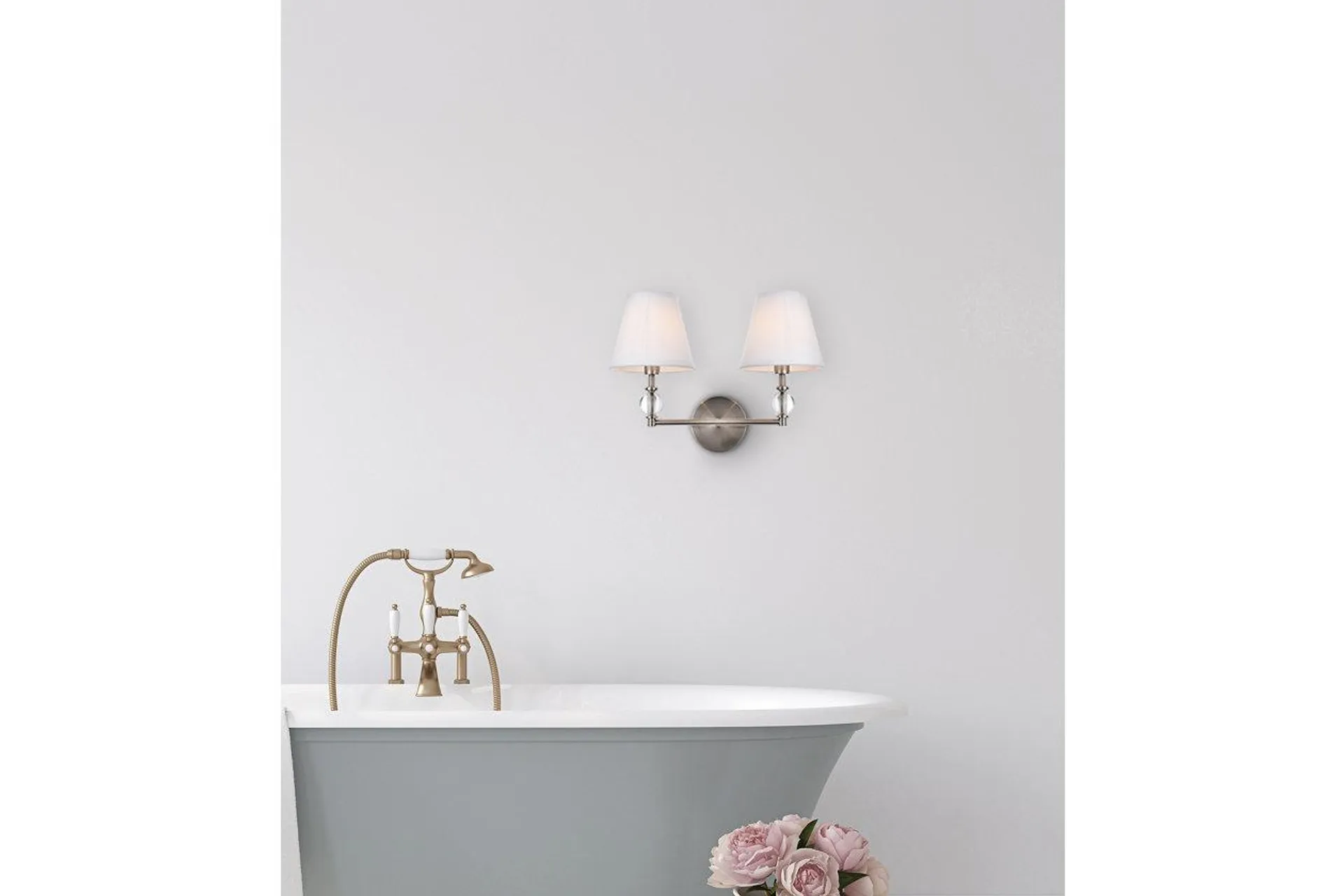 Bethany 2 Lights Bath Sconce In Satin Nickel w/ White Fabric Shade