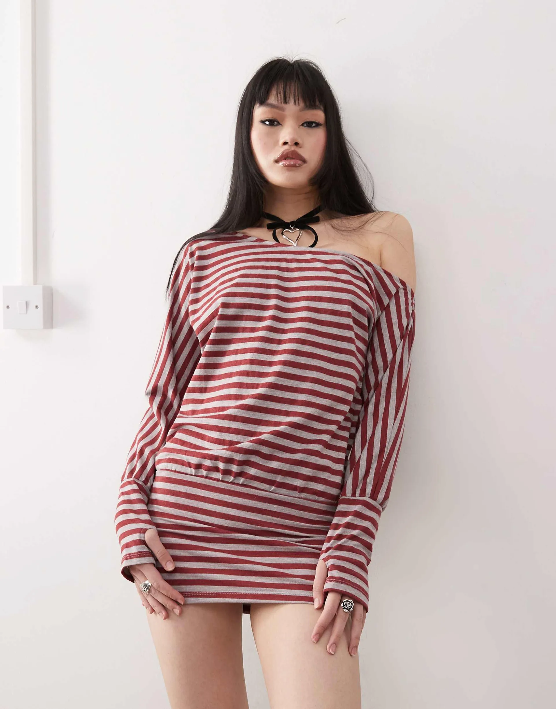 Motel Zylina slouchy stripe mini dress in burgundy gray