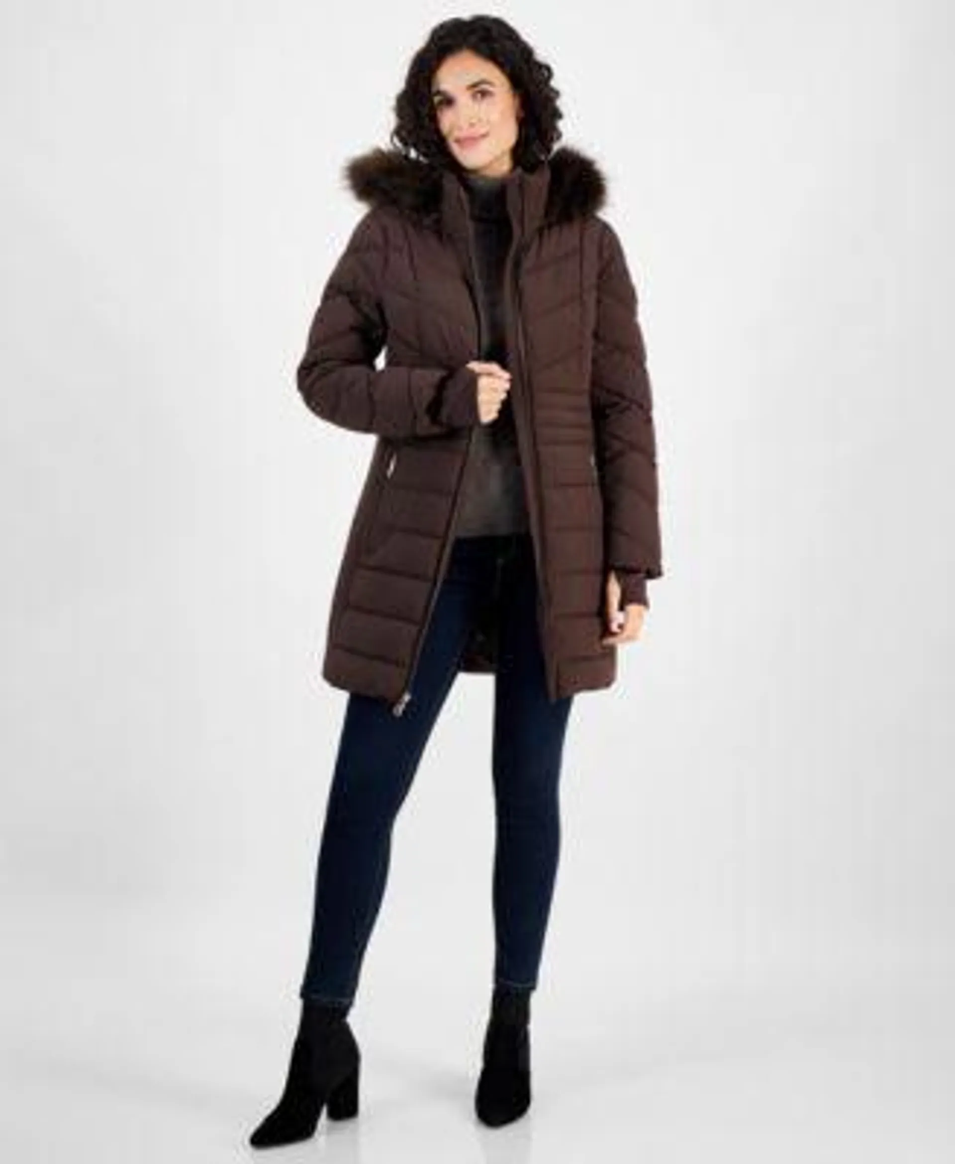 Women's Faux-Fur-Trim Hooded Puffer Coat, Created for Macy's