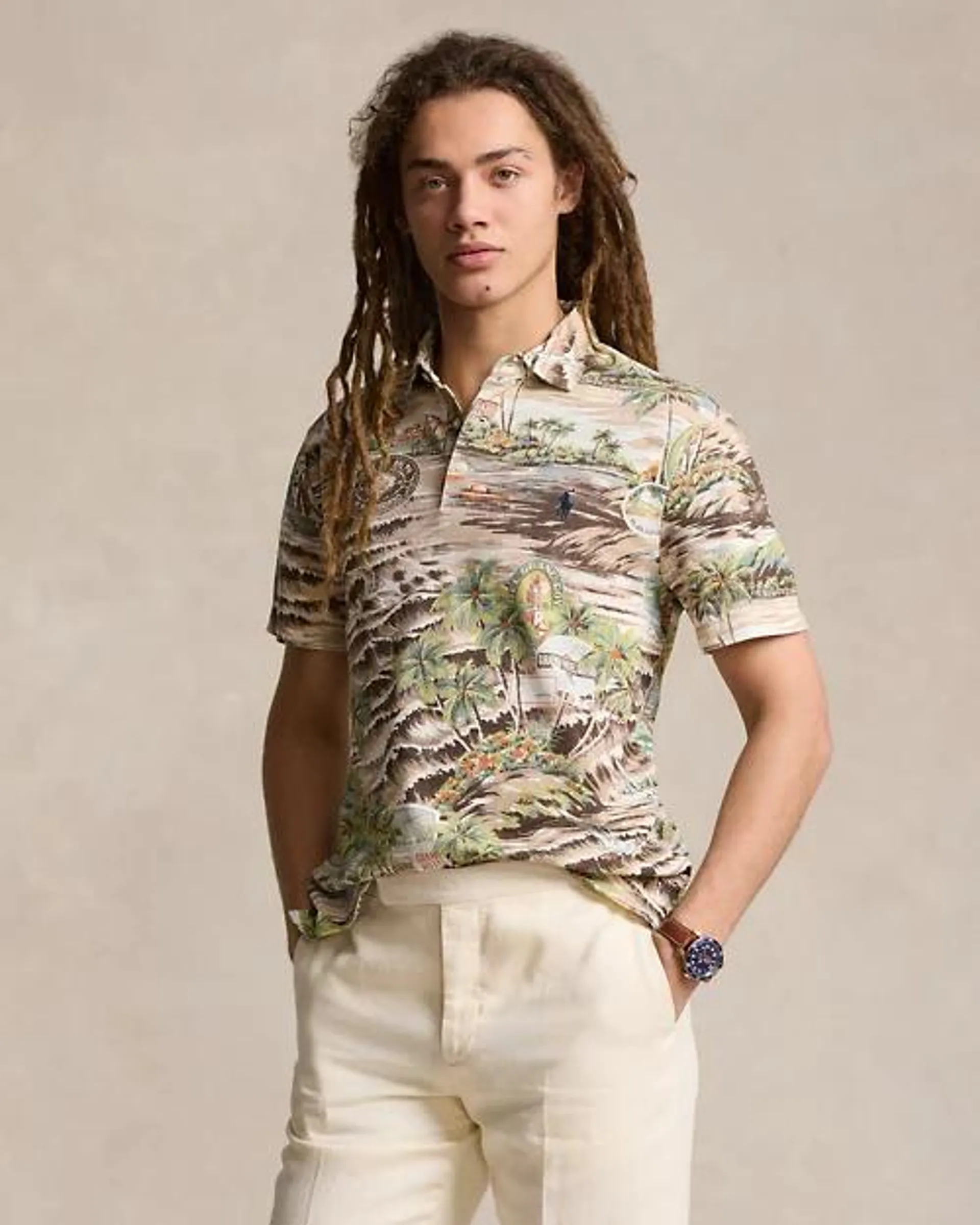 Classic Fit Beach-Print Mesh Polo Shirt