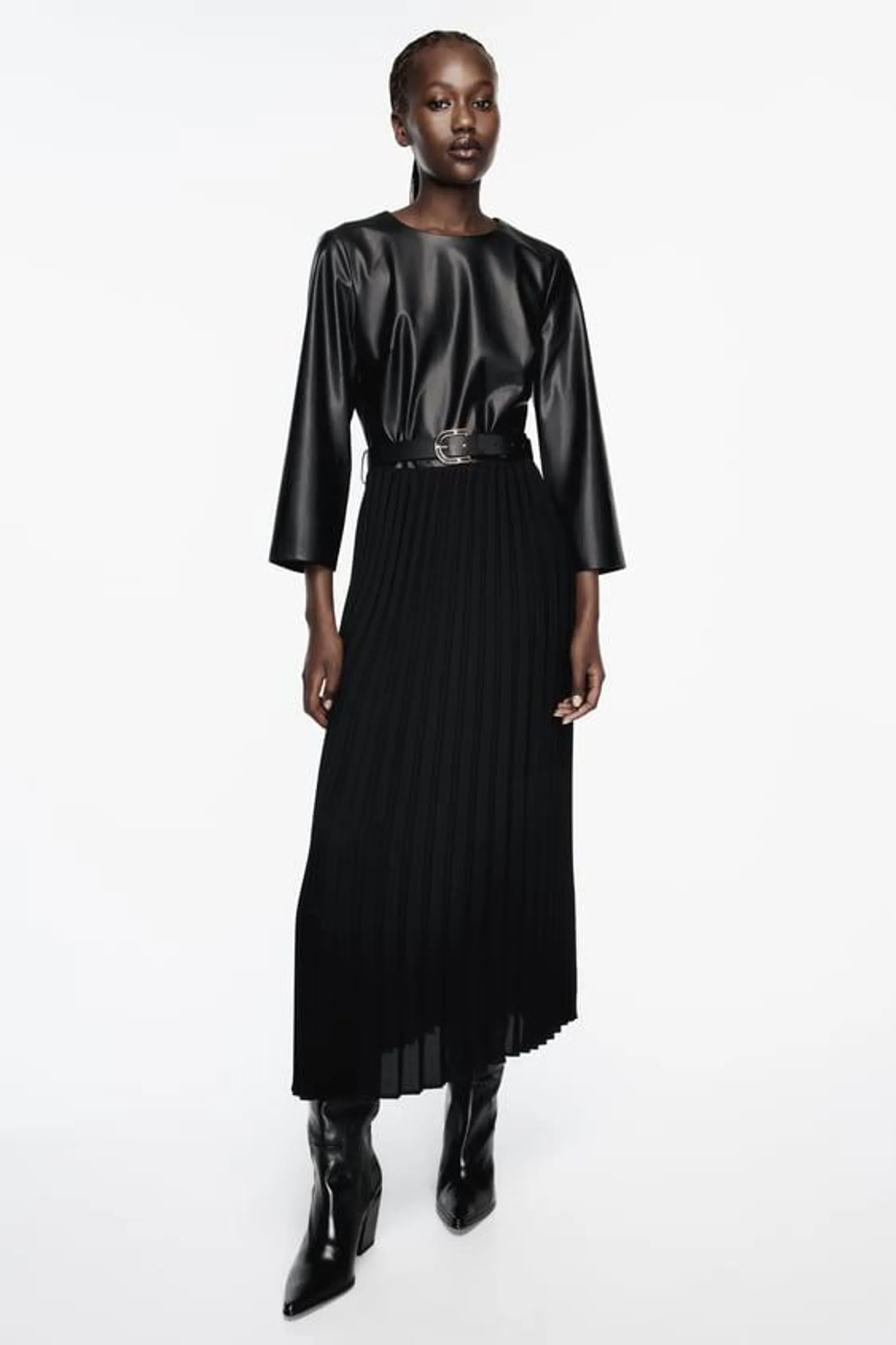 CONTRASTING FAUX LEATHER PLEATED MIDI DRESS