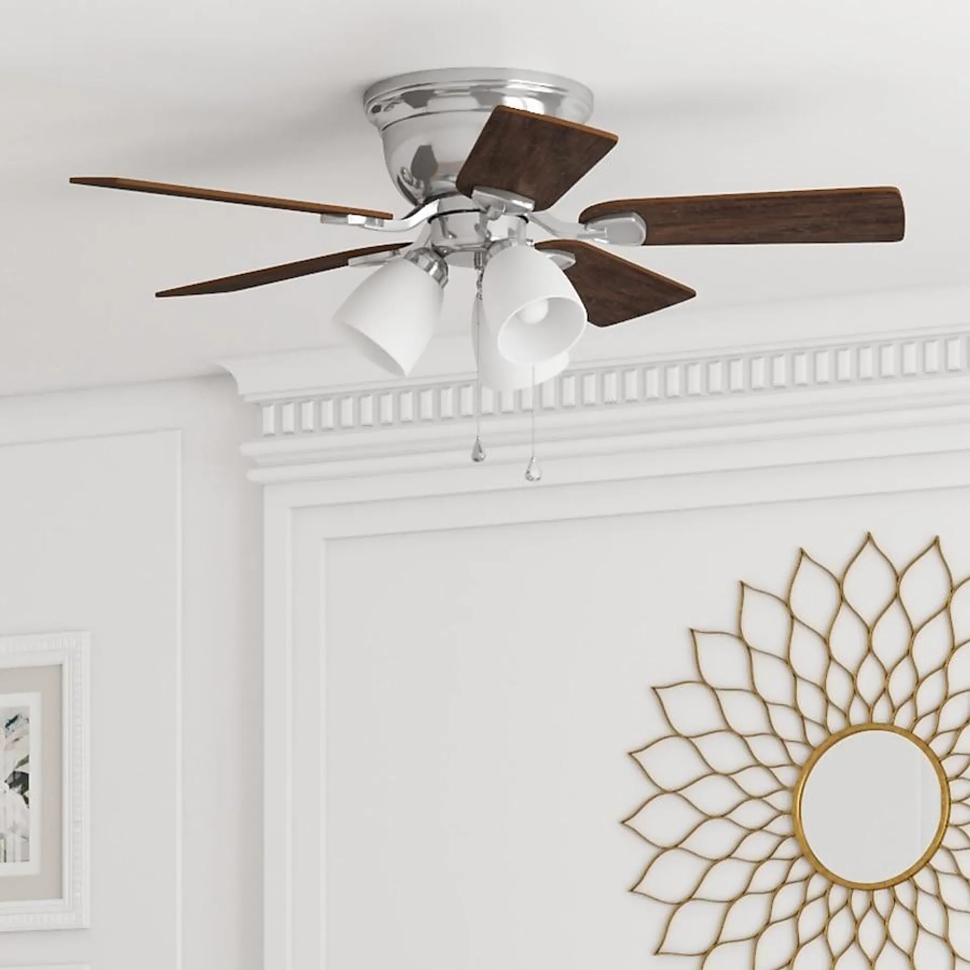 Harbor Breeze Centreville 42-in Brushed Nickel with Nutmeg/Cocoa Blades LED Indoor Flush Mount Ceiling Fan with Light (5-Blade)