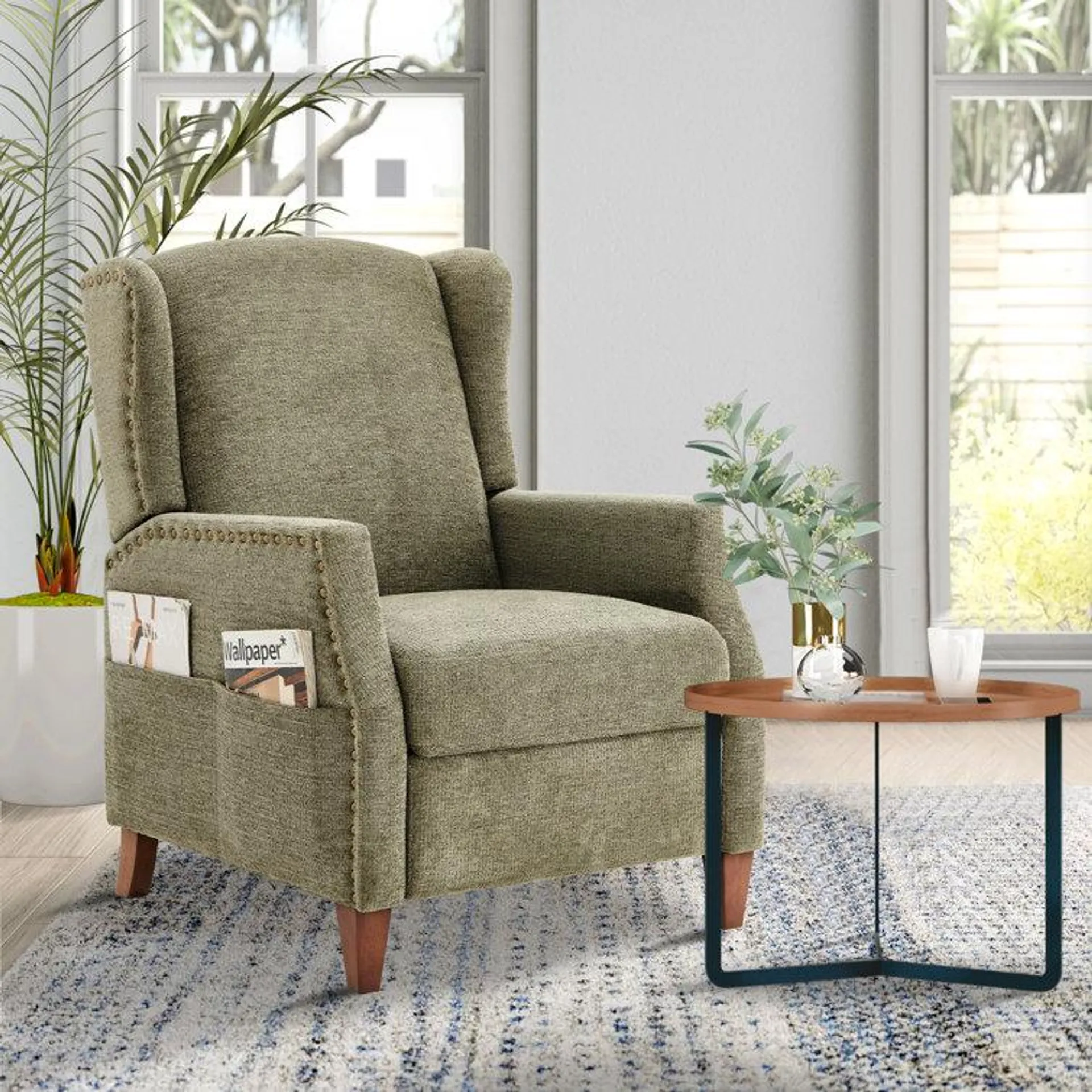 Nail-head Upholstered Push Back Recliner With Storage Pocket