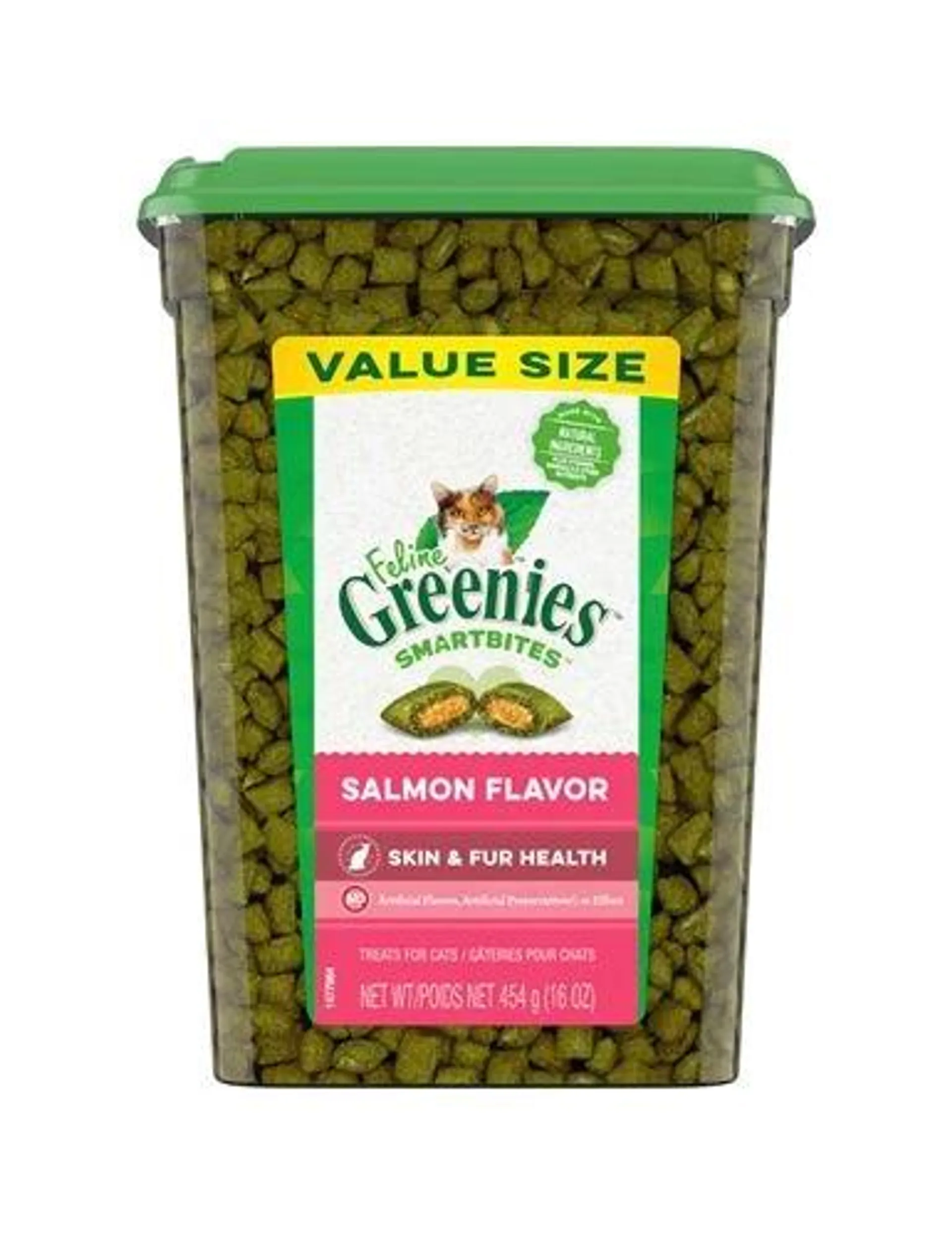 FELINE GREENIES SMARTBITES Skin & Fur Crunchy and Soft Textured Adult Natural Cat Treats, Salmon Flavor, 16 Ounce Tub