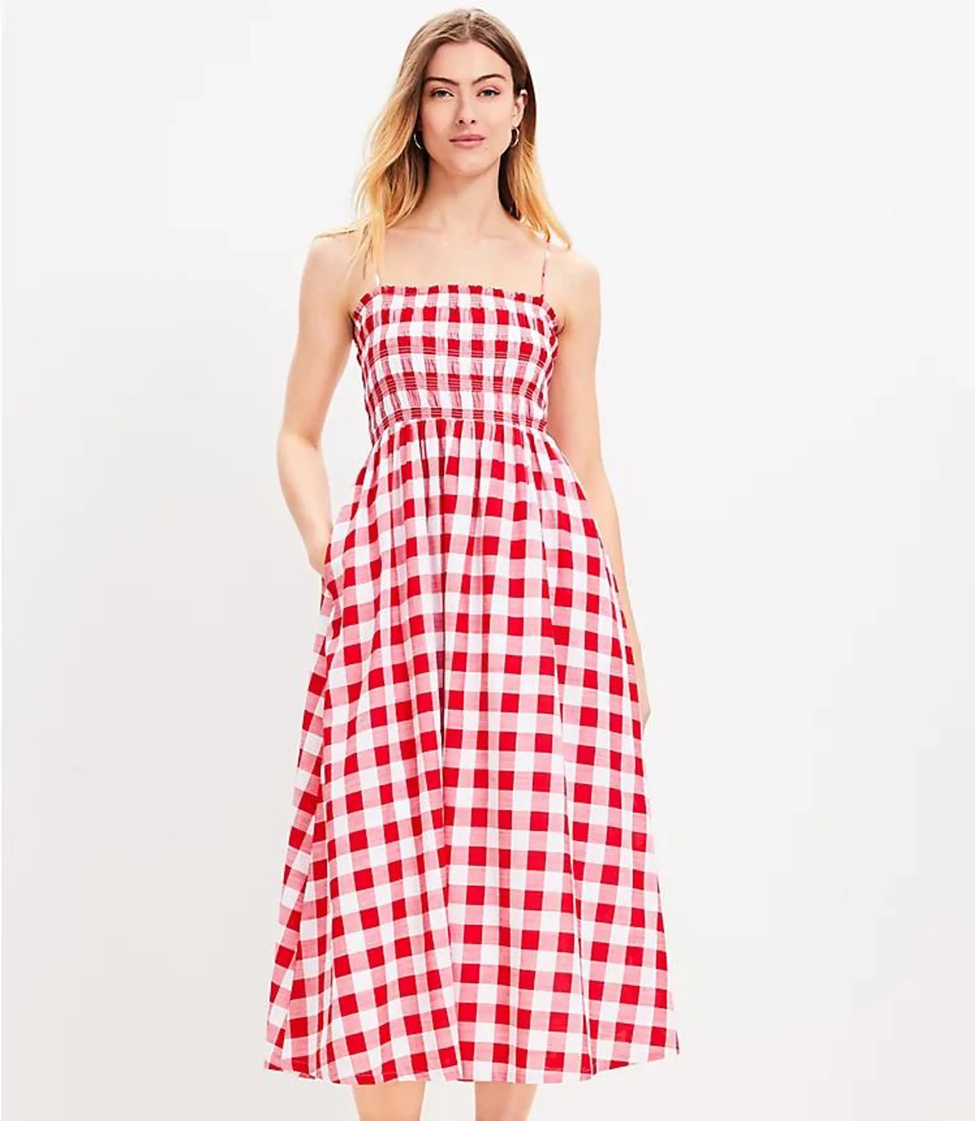 Gingham Smocked Strappy Maxi Pocket Dress