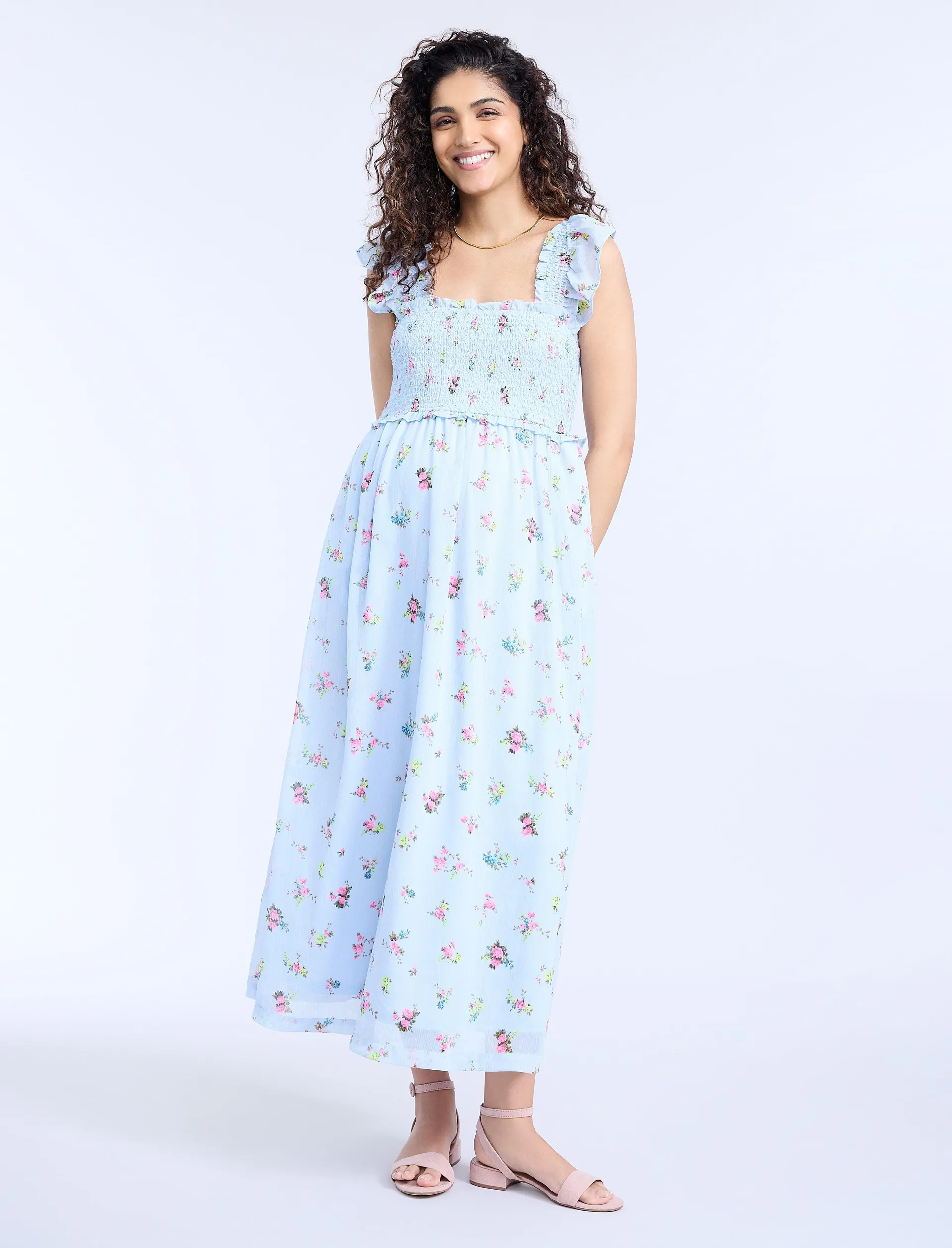 Sleeveless Ruffle Shoulder Smocked Dress