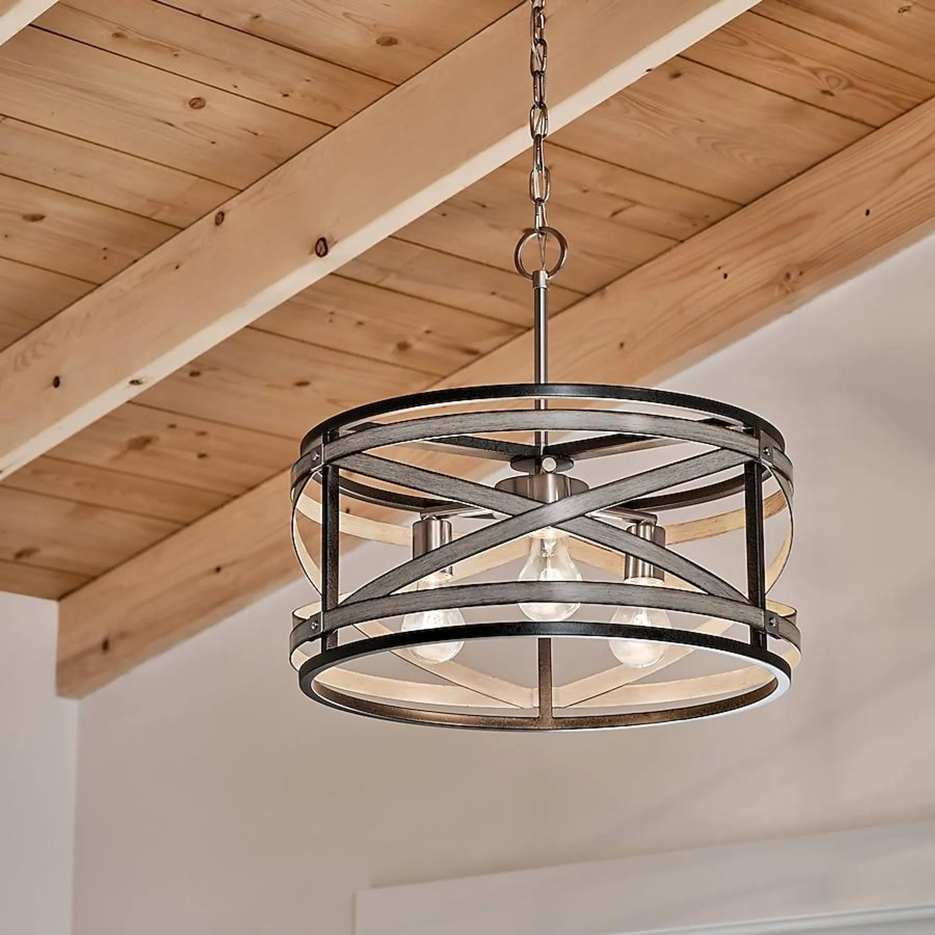 Kichler Stetton 3-Light Anvil Iron Farmhouse Drum Medium Hanging Pendant Light