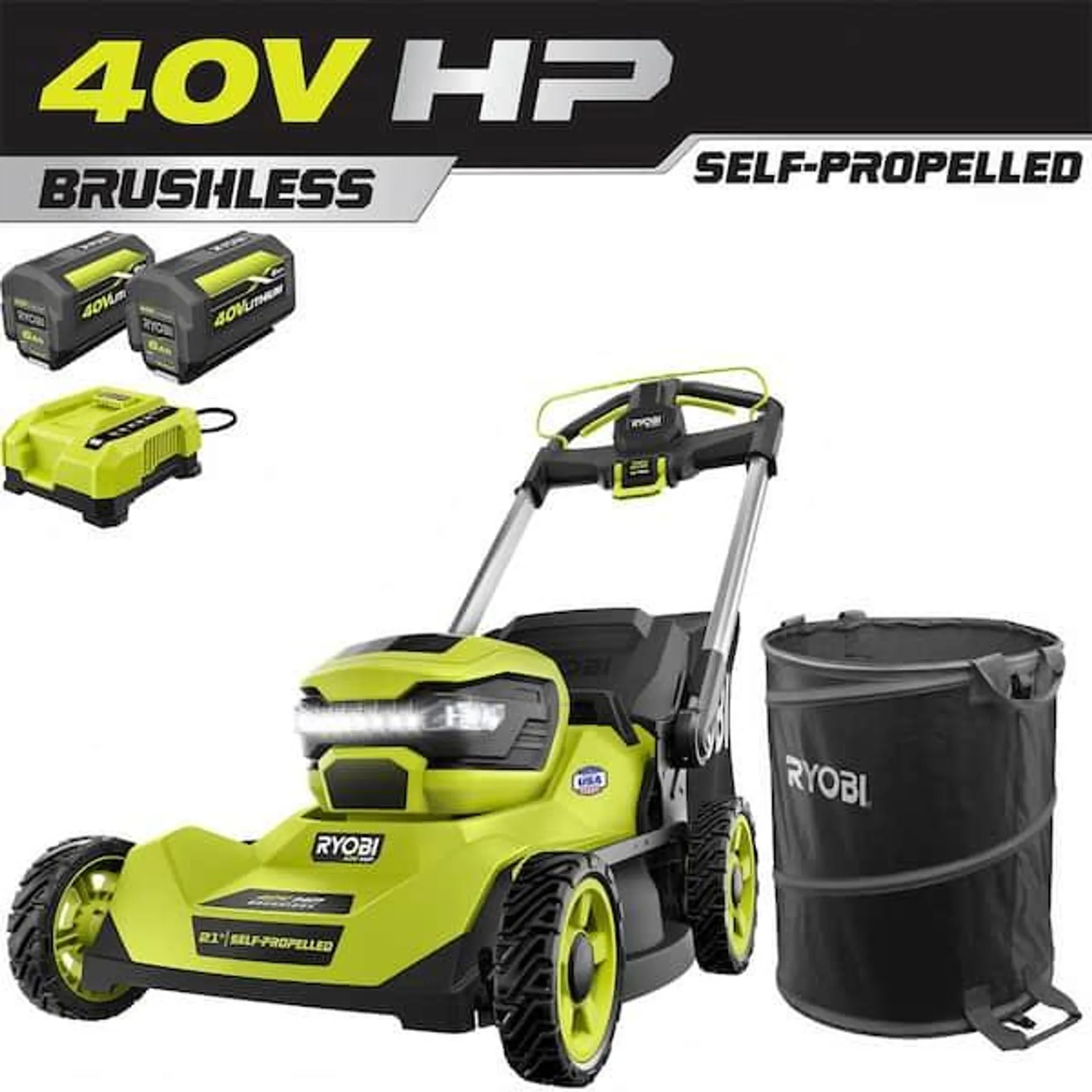 40V HP Brushless 21 in. Cordless Battery Walk Behind Self-Propelled Mower with (2) Batteries, Charger, Lawn & Leaf Bag