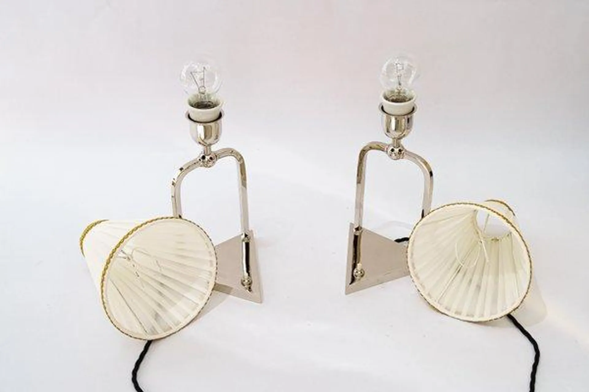 Nickel-Plated Table Lamps with Original Fabric Shades, 1920s, Set of 2