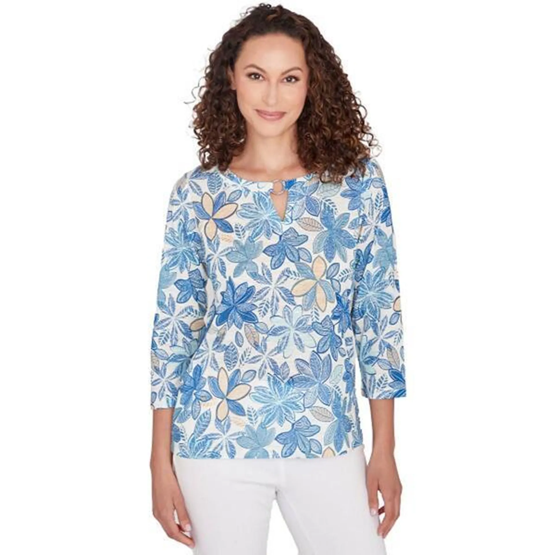 Petite Hearts of Palm Blue Lala Hibiscus Slub Blouse