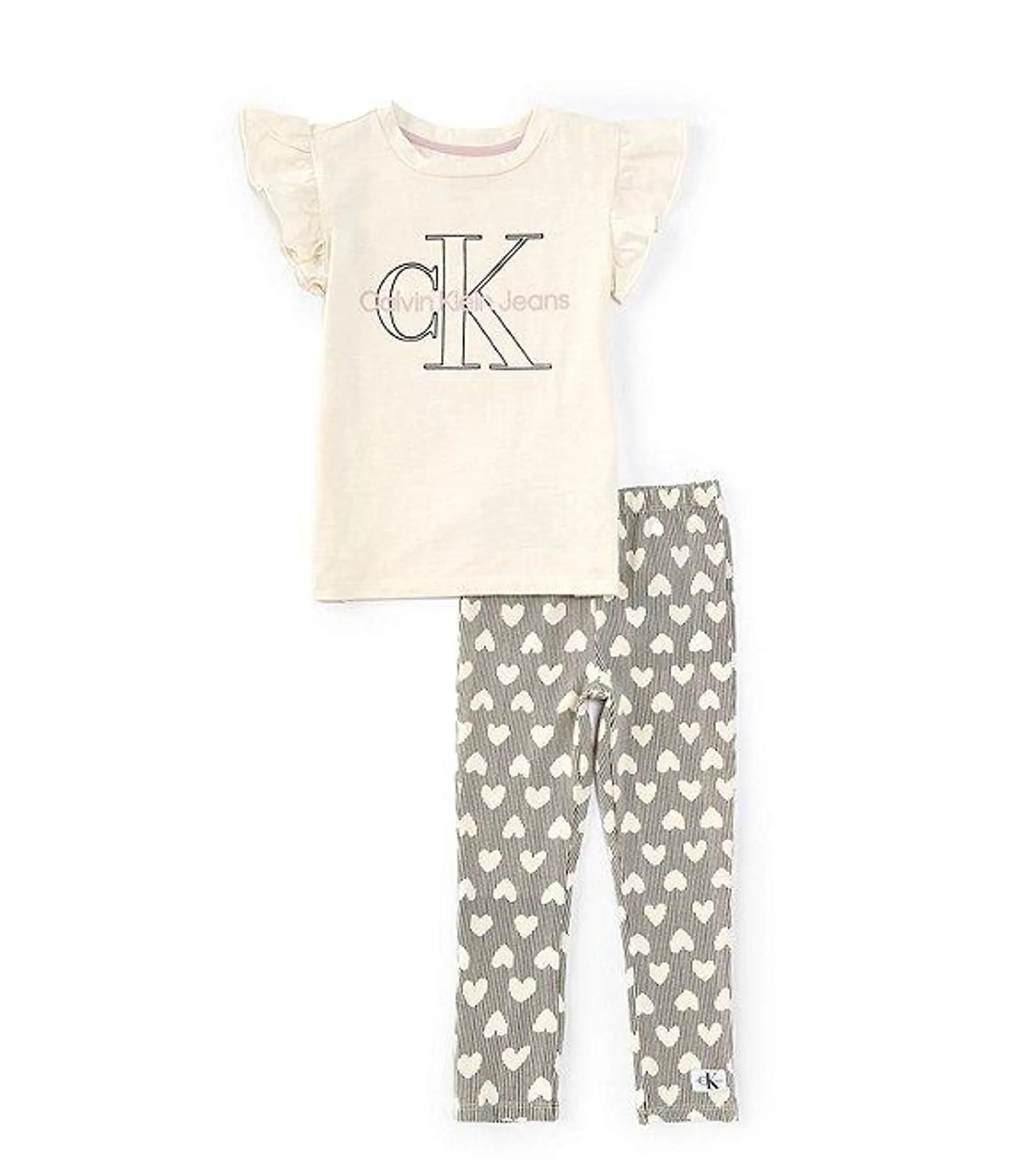 Little Girls 2T-6X Flutter Sleeve Logo-Detailed Tunic Top & Heart-Printed Leggings Set