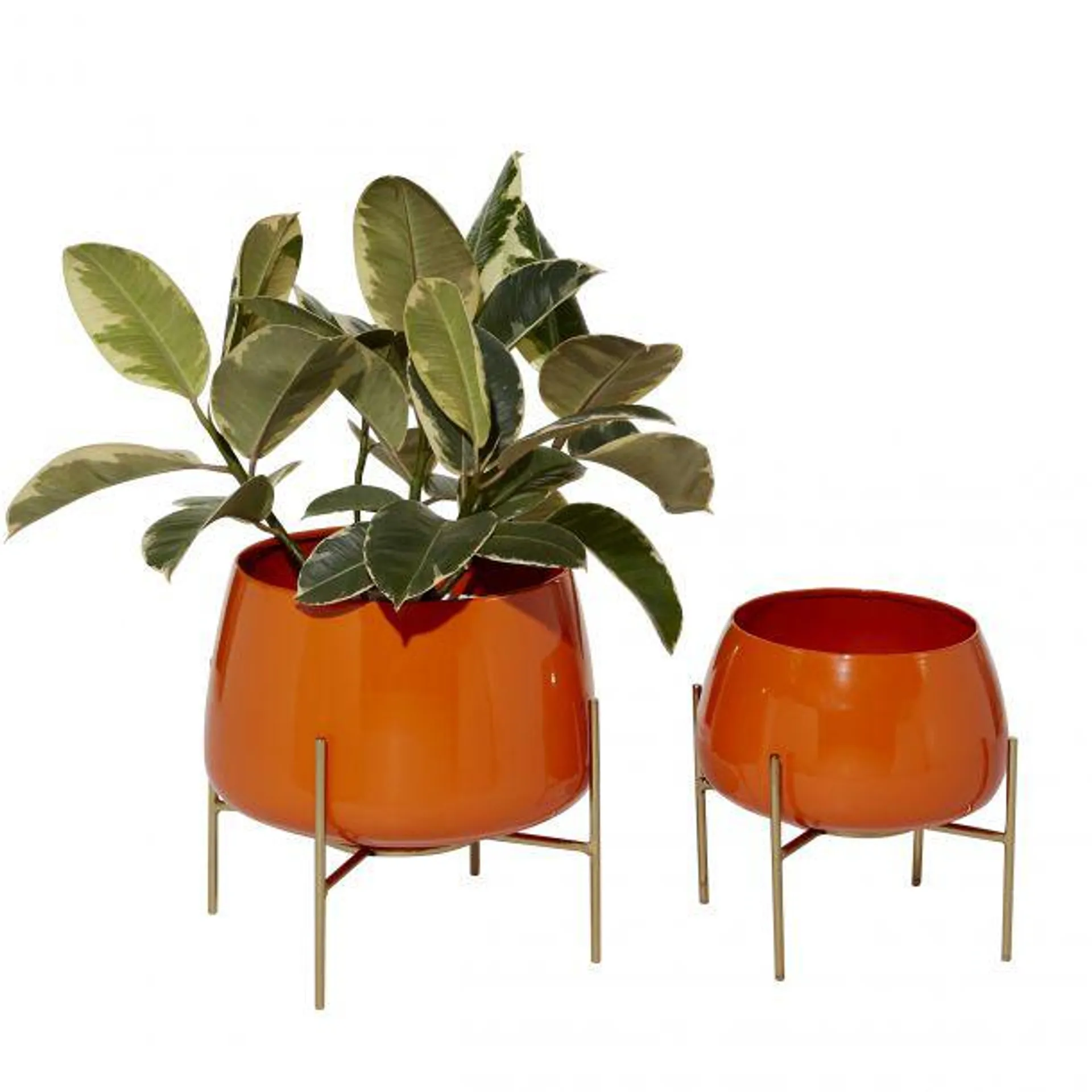 Set of 2 Orange Metal Modern Planter, 8", 10"