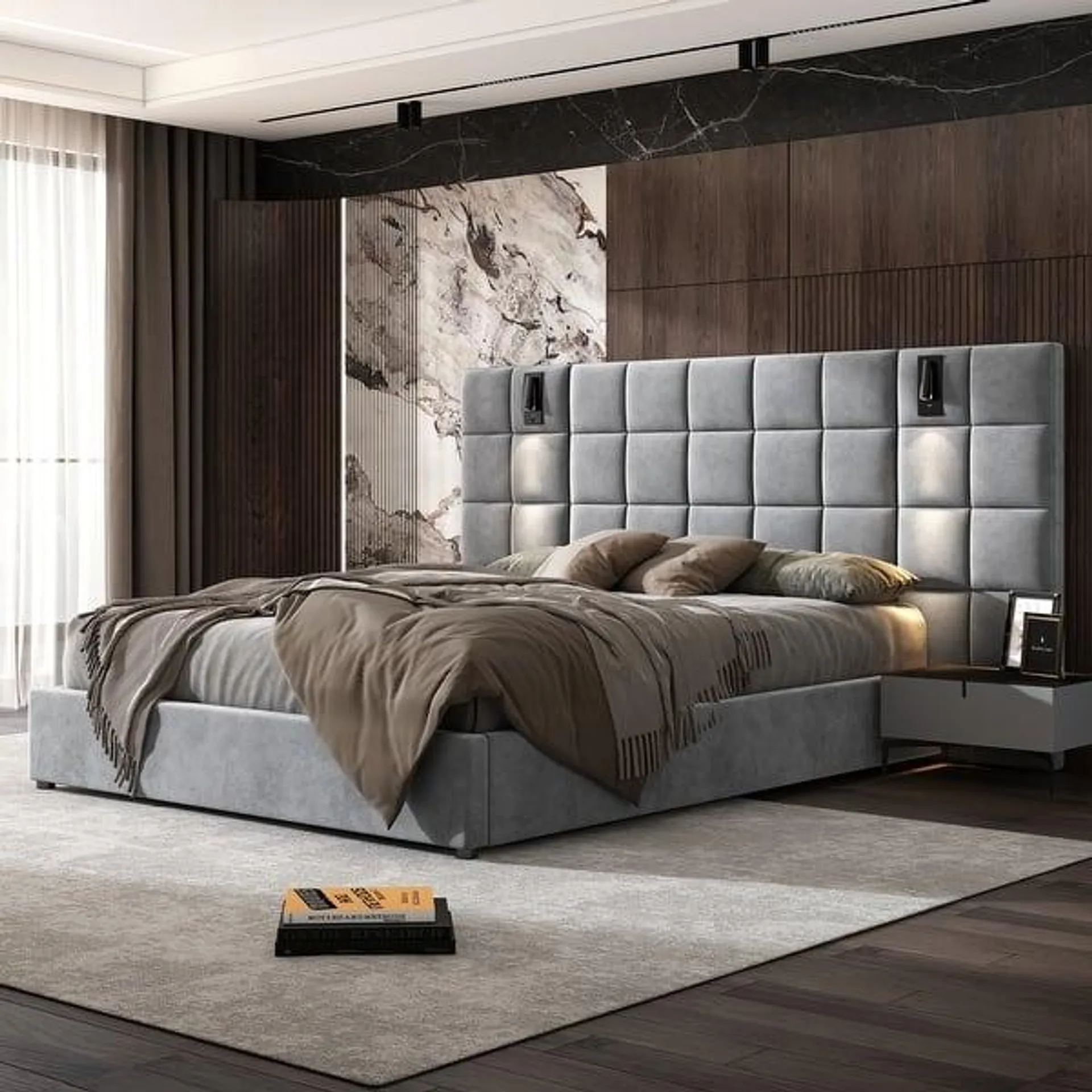 Svens Modern Upholstered Velvet Platform Bedframe & Headboard with Lamps and USB Ports, Grey