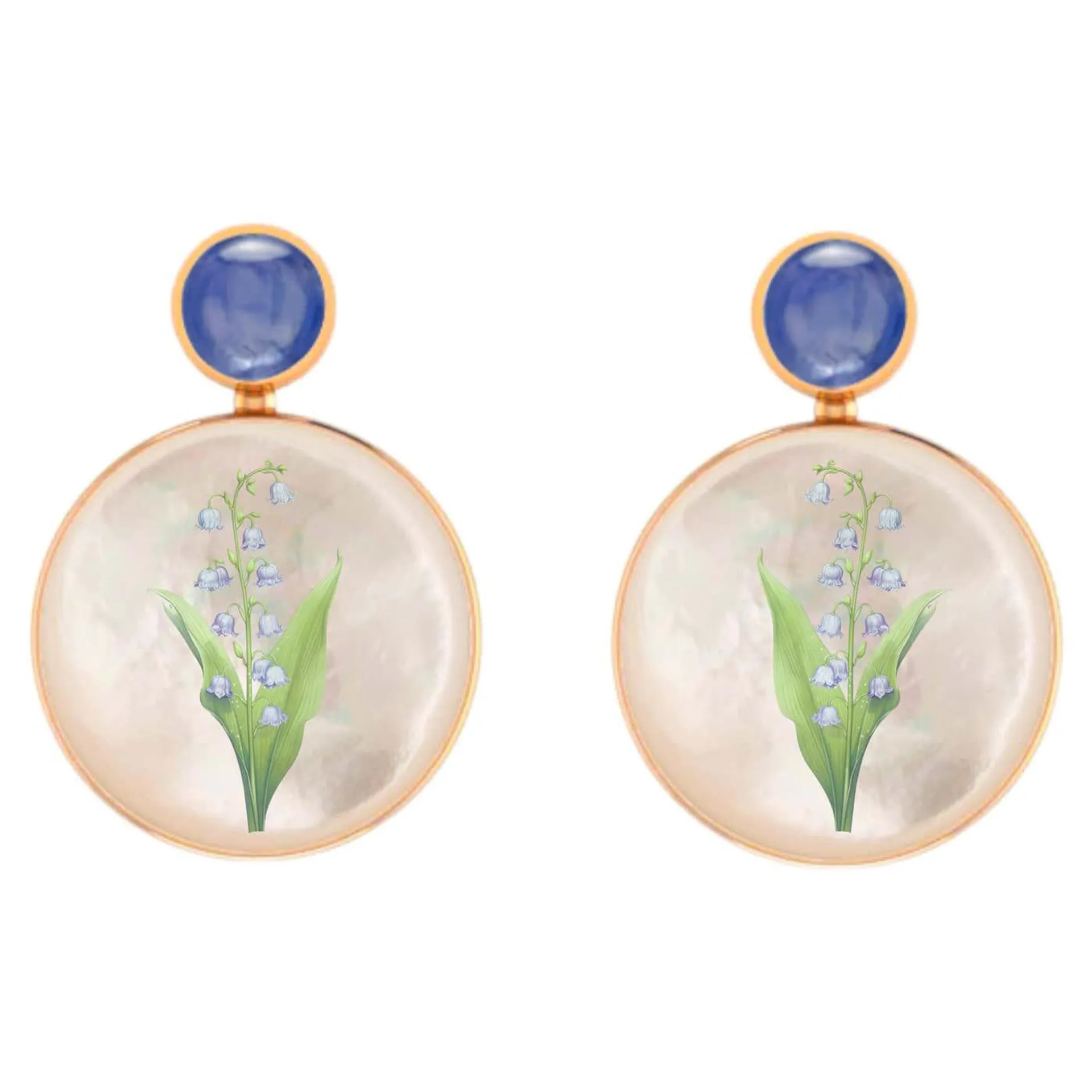 Mother Of Pearl Shell Stud Earrings, sapphire and lily of the valley painting.