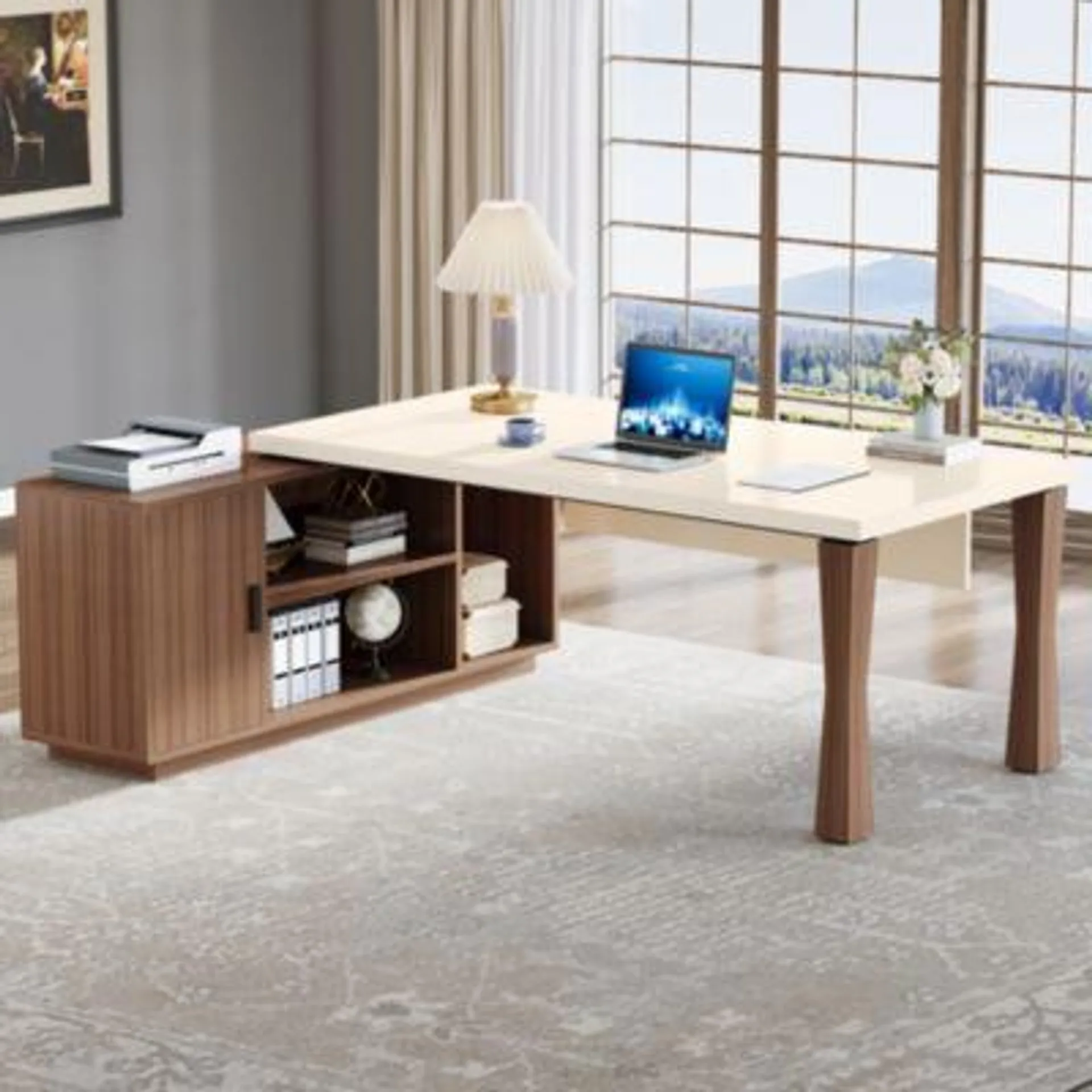 71-Inch Executive Desk, L-Shaped Desk with Cabinet, Large Office Desk with Storage Shelves, Writing Table Desk Business Furniture Set for Home Office