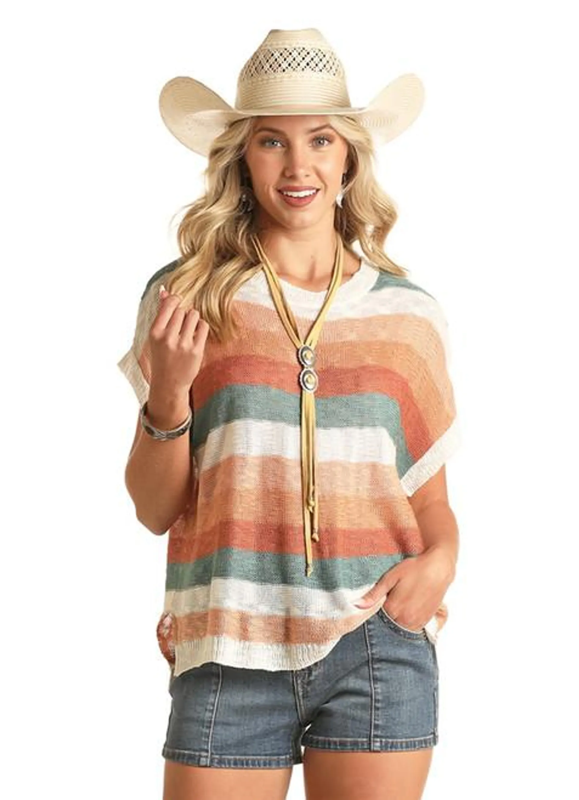 Rock & Roll Denim Womens Sunset Striped Knit Short Sleeve Top