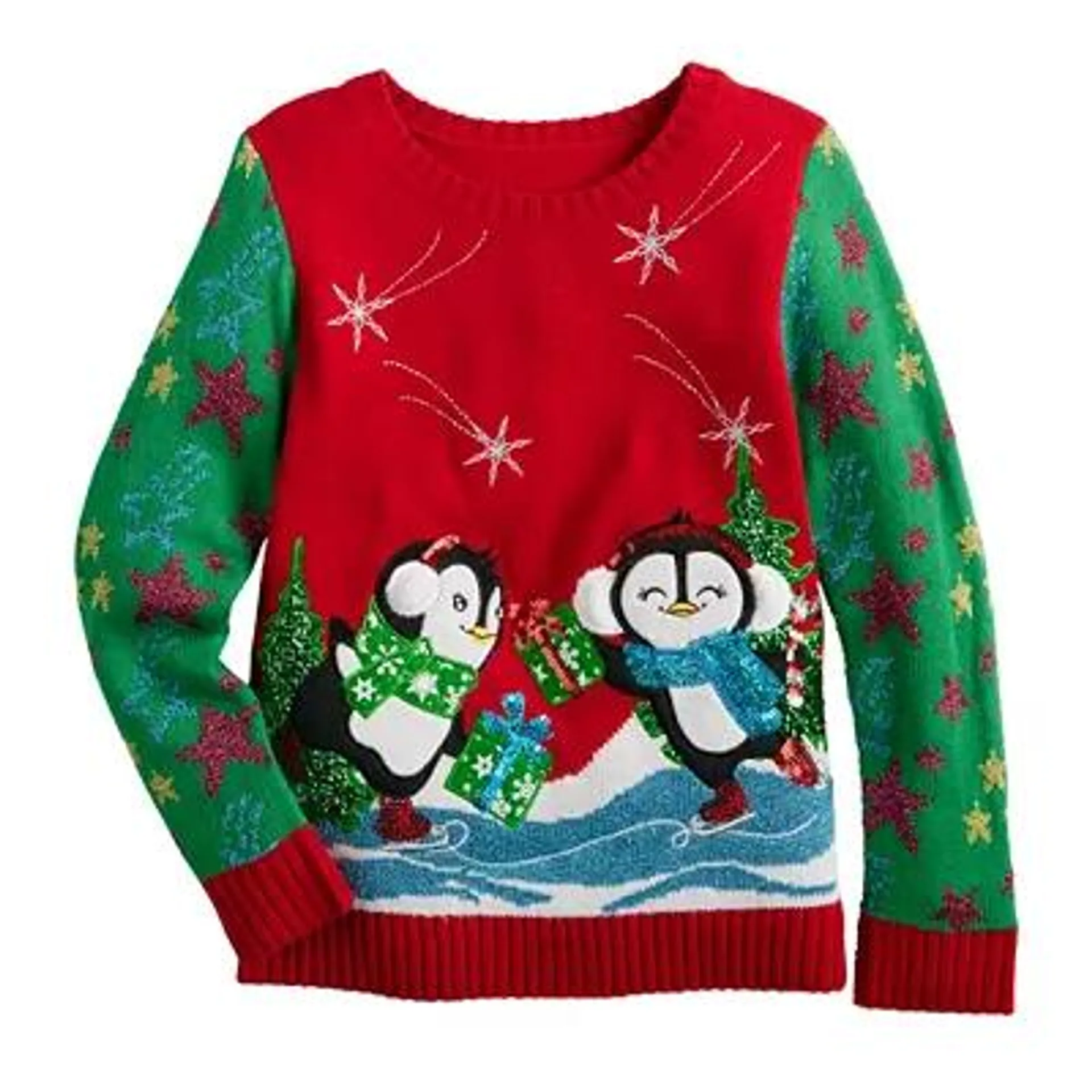 Girls 4-20 33 Degrees Long Sleeve Crewneck Penguins on Ice Christmas Sweater in Regular & Plus Size