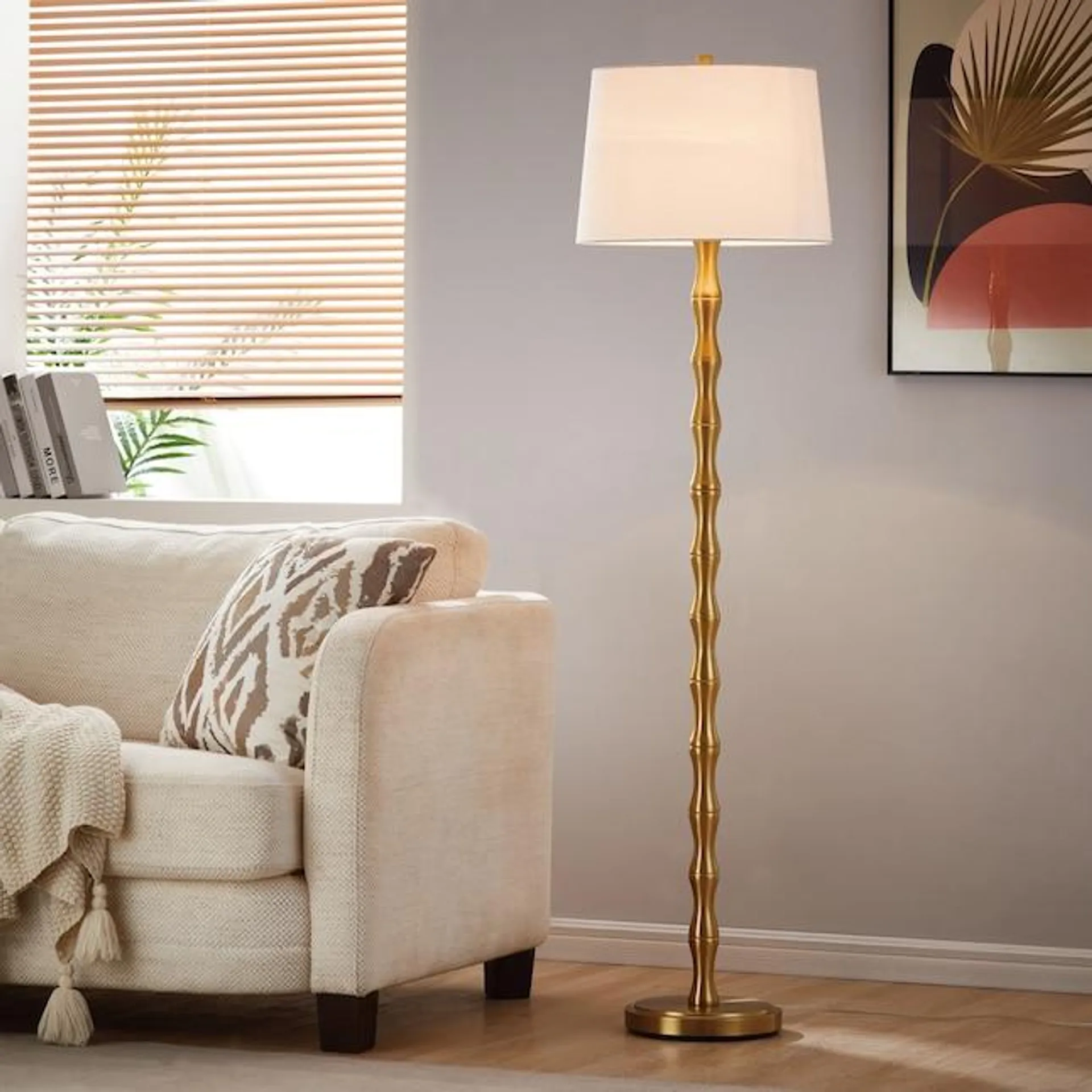 KAWOTI Modern Gold Floor Lamp with Drum Shade and 3-Way Switch - 61 Inches Tall