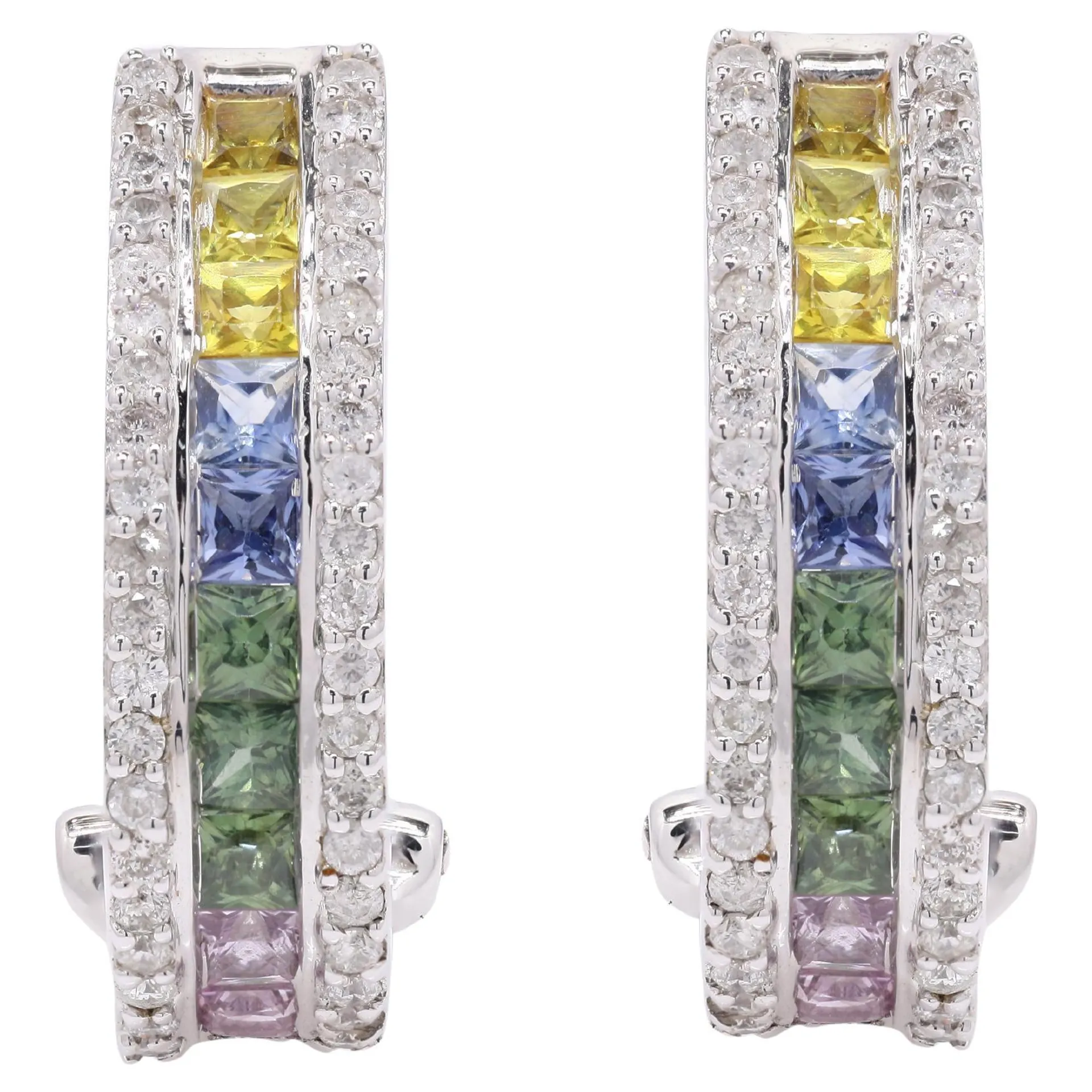 Dazzling Diamond and Multi Colored Sapphire Clip On Earrings in 18K White Gold