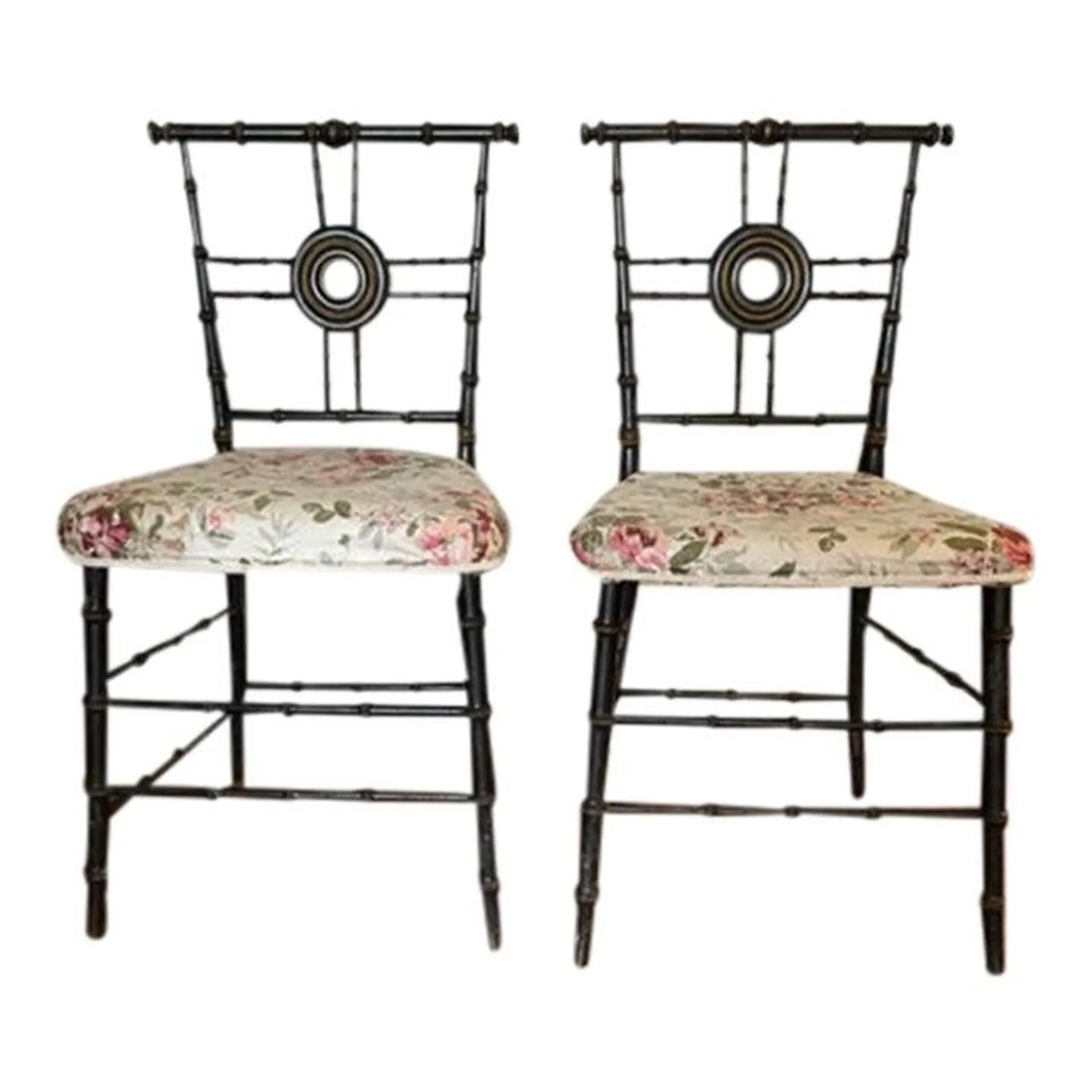 Pair of Vintage Faux Bamboo Style Hallway Chairs in Black With Gold Accents