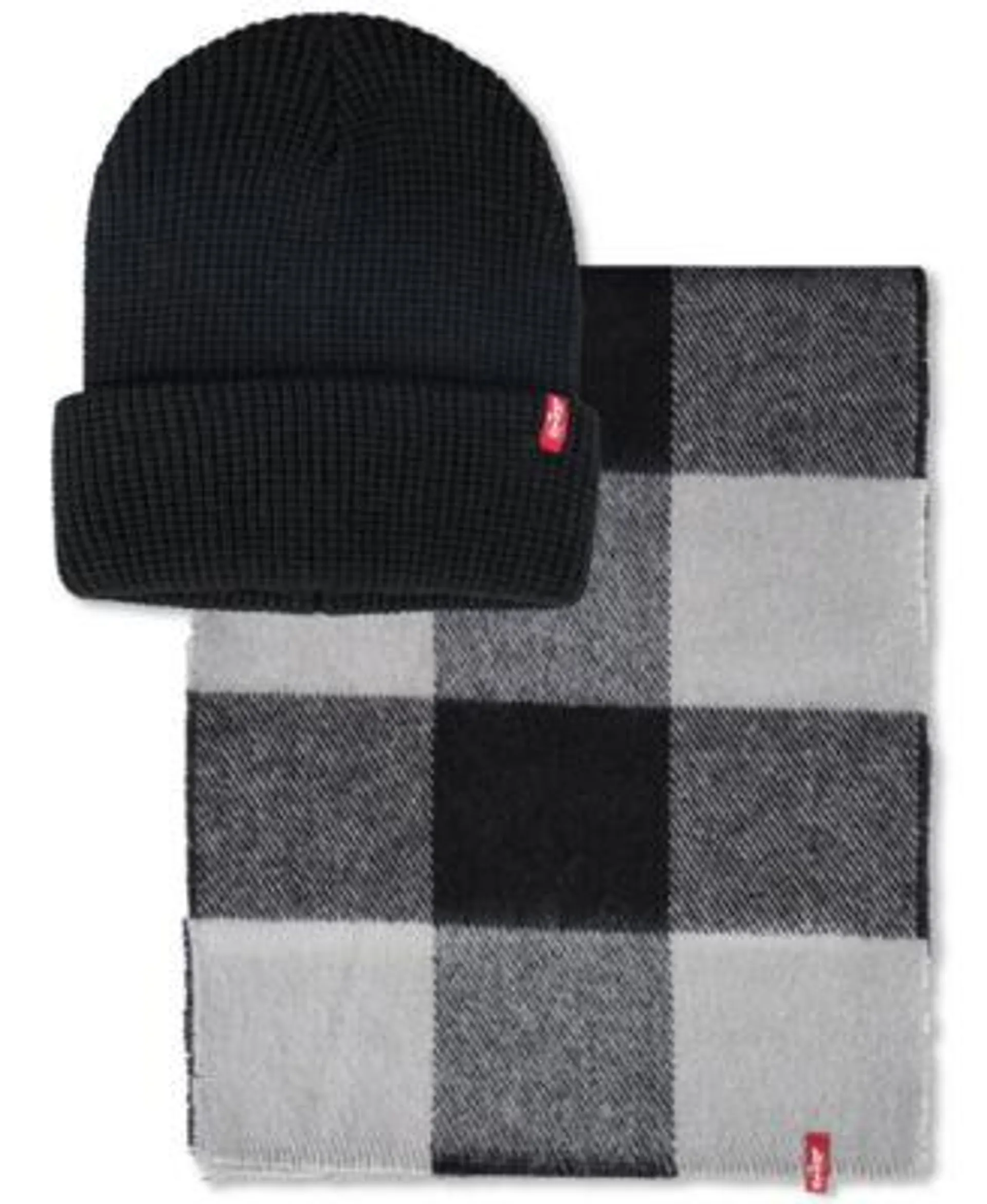 Men's Waffle Beanie & Woven Plaid Scarf Set