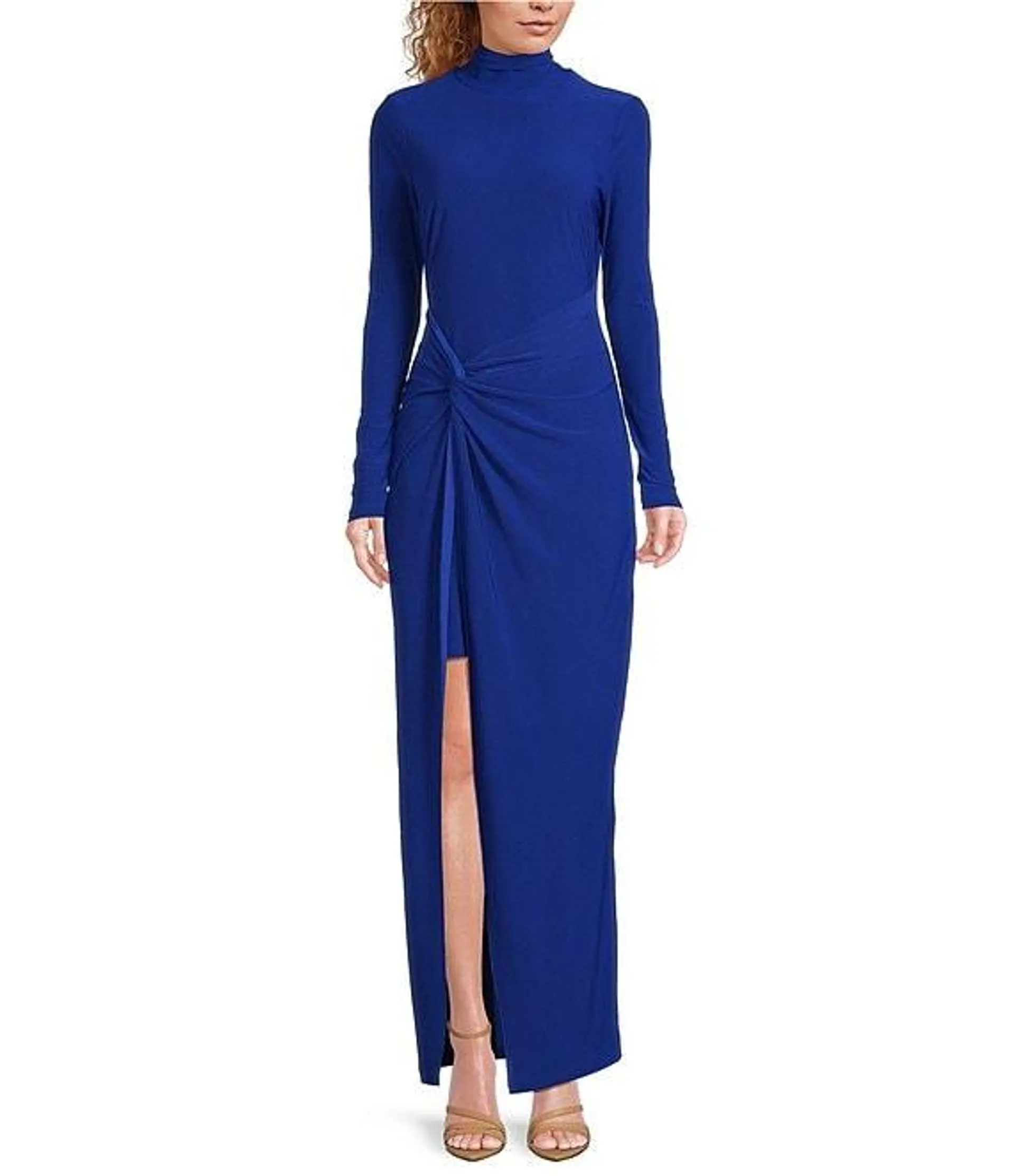 Belle by Badgley Mischka Hailey Jersey Knit Mock Neck Long Sleeve A-Line Front Slit Dress