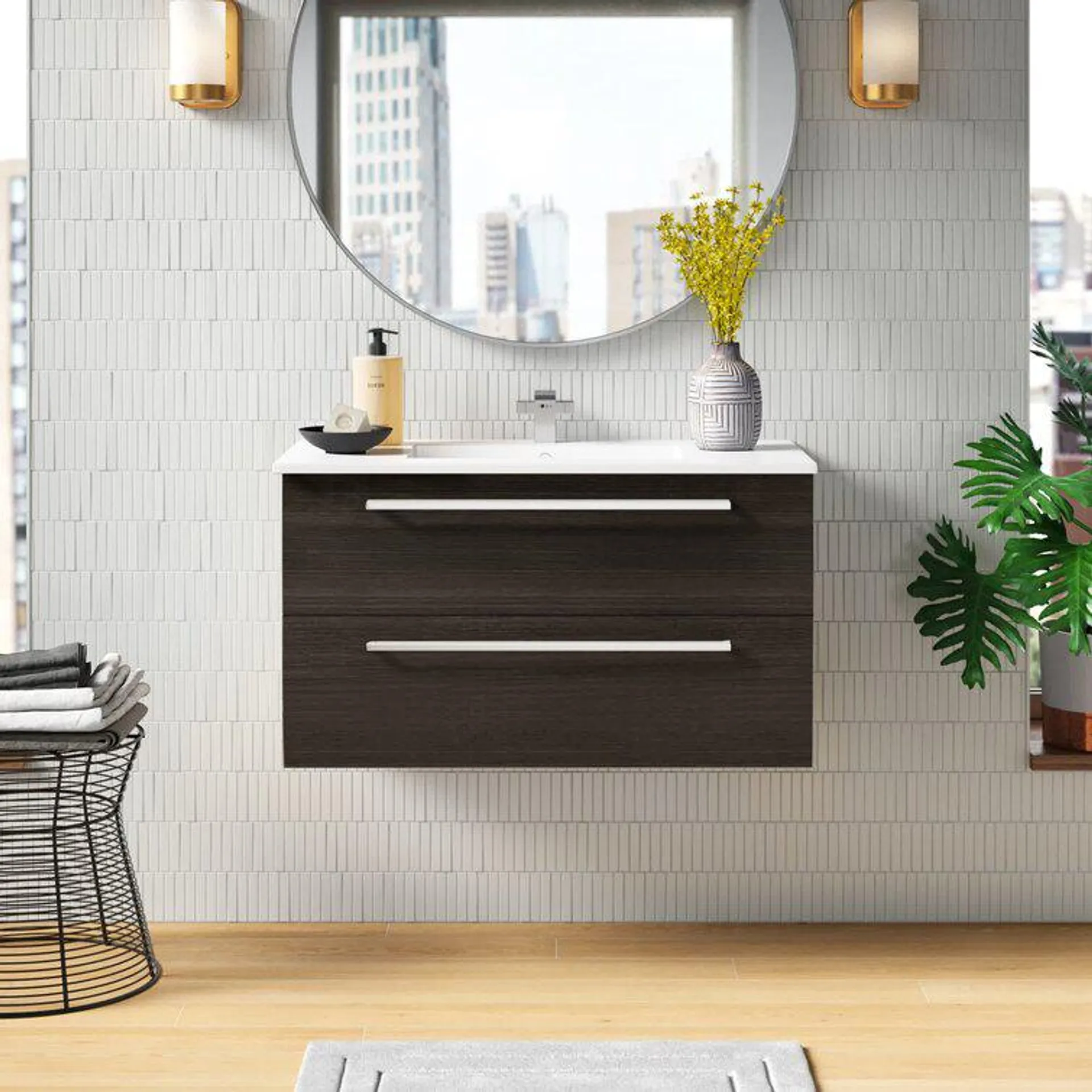Akron 36'' Wall Mounted Single Bathroom Vanity with Marble Vanity Top