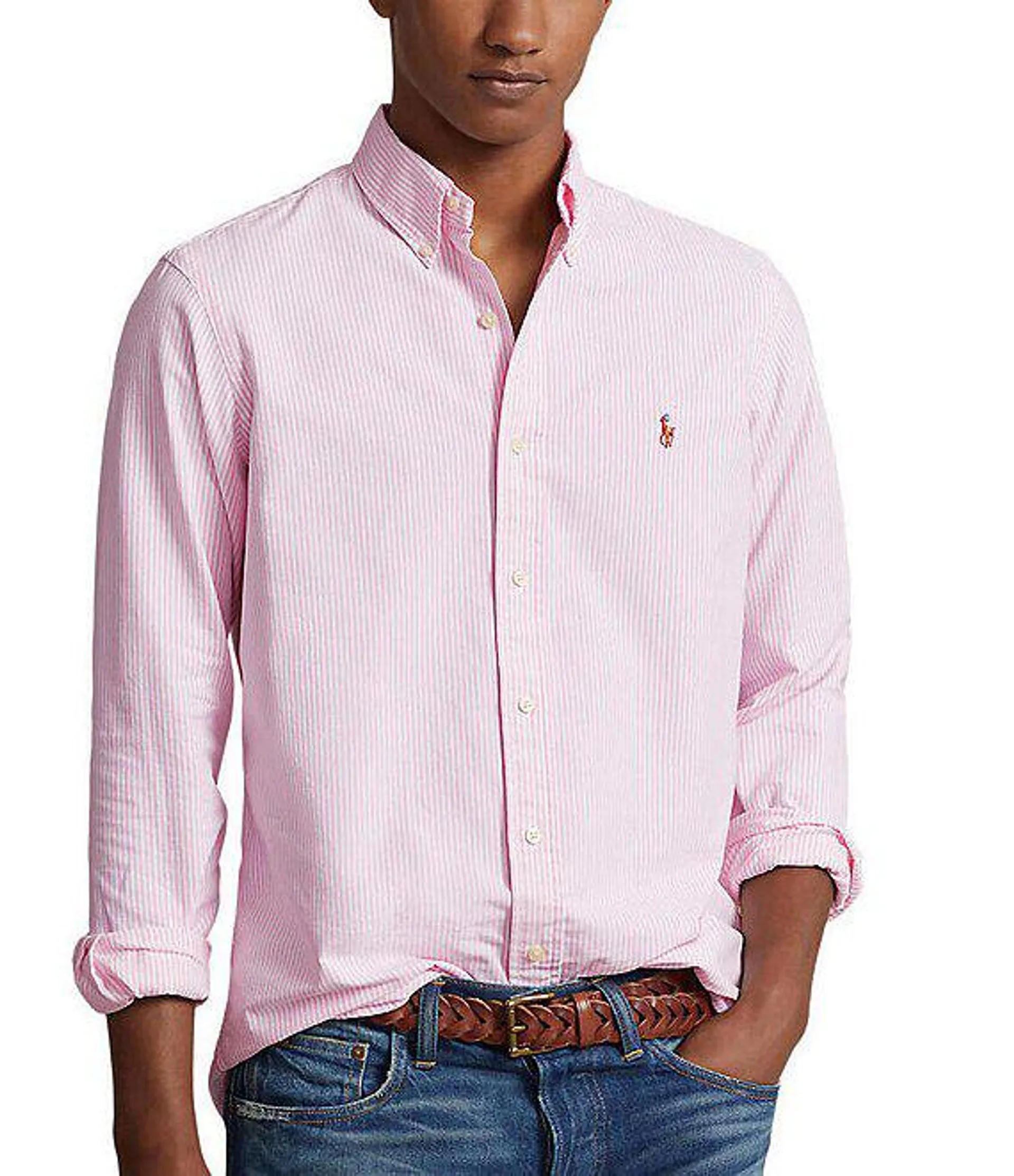 Classic Fit Striped Stretch Long Sleeve Woven Shirt