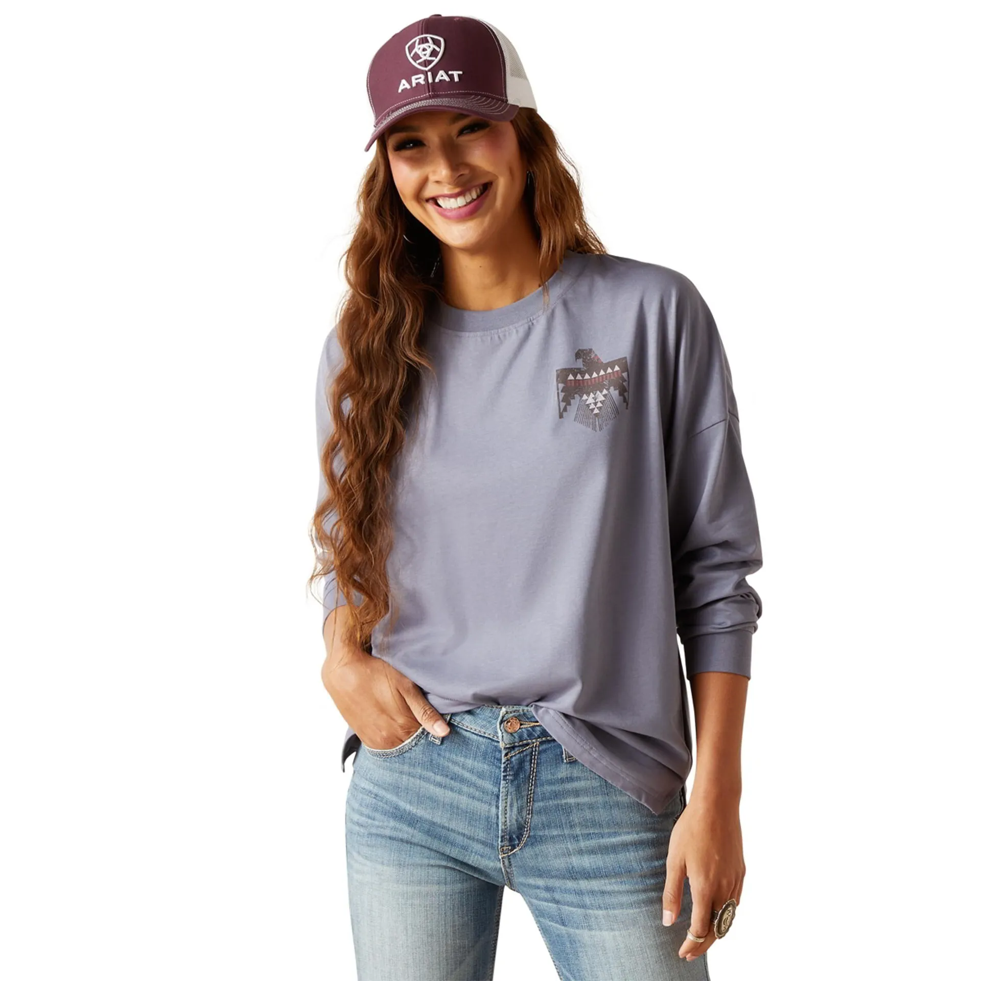 Ariat Womens Folkstone Grey Thunderbird Long Sleeve Tee